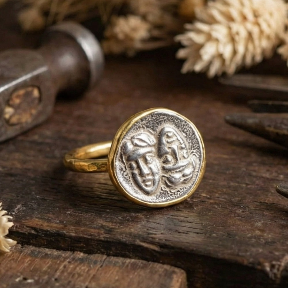 Designer Greek double face ring, handcrafted Turkish jewelry, 925 silver