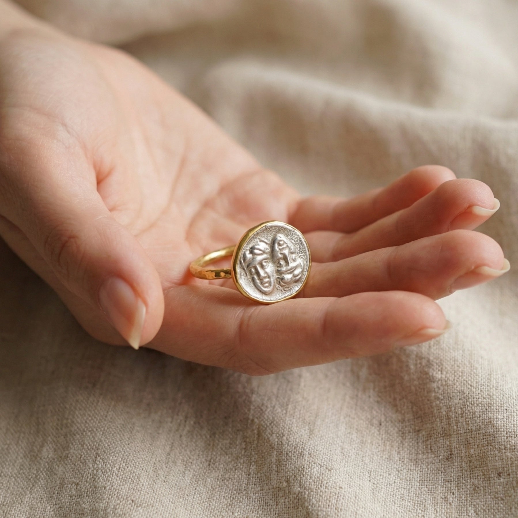 Sterling silver Greek coin ring, hammered finish, ancient artistry by Sultan
