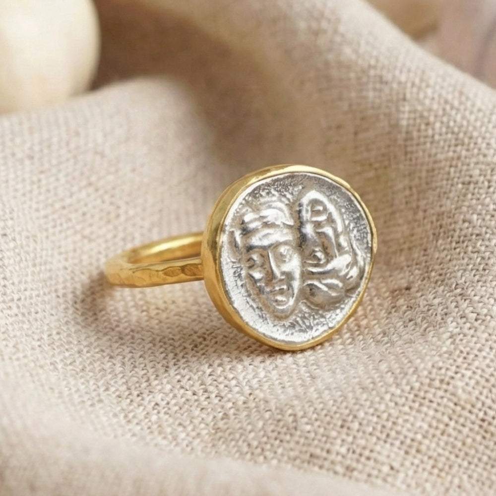 Greek coin ring on hand, artisan jewelry by Sultan Yılmaz, Bodrum atelier