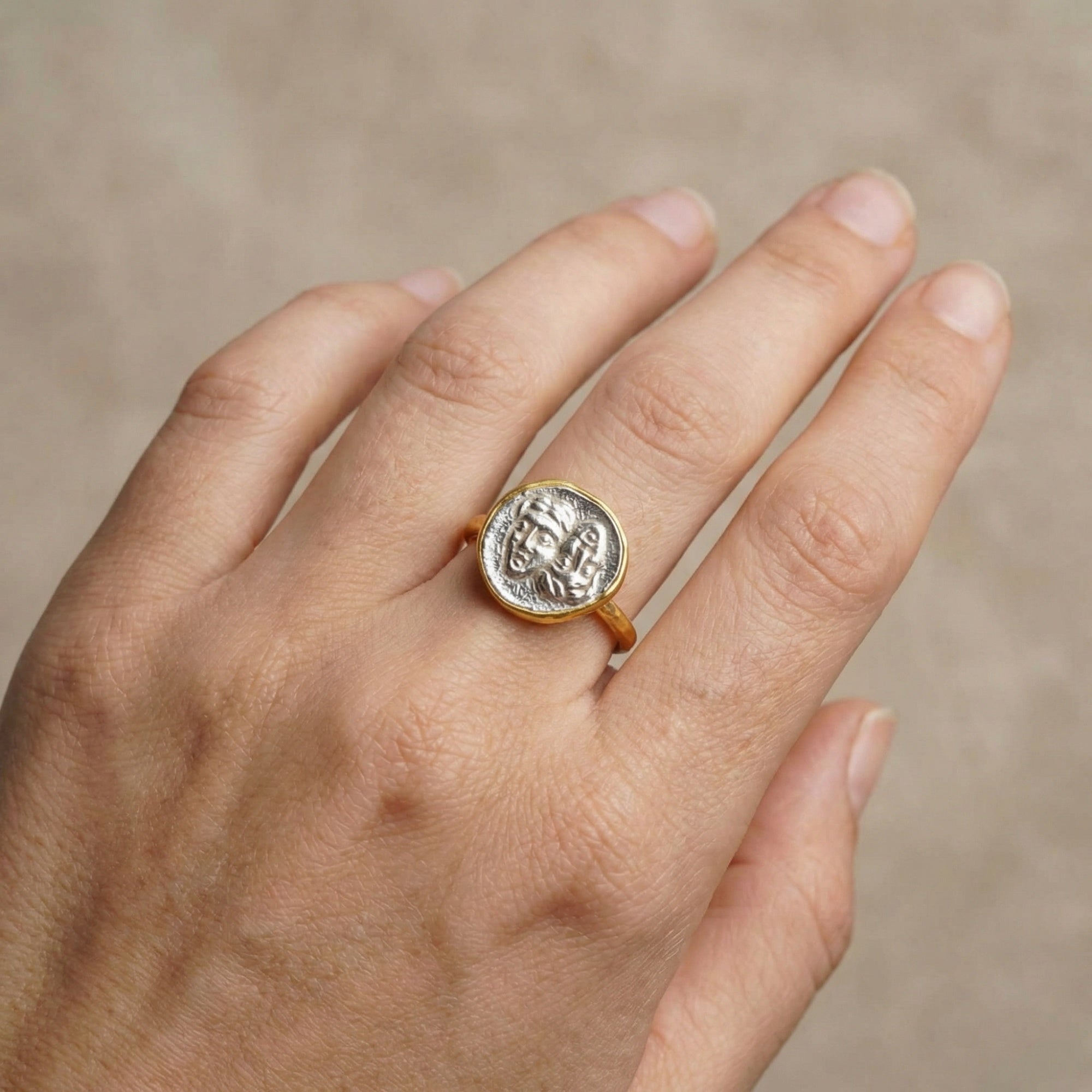 Ancient Greek coin ring detail, artisan jewelry from Bodrum, heritage symbol