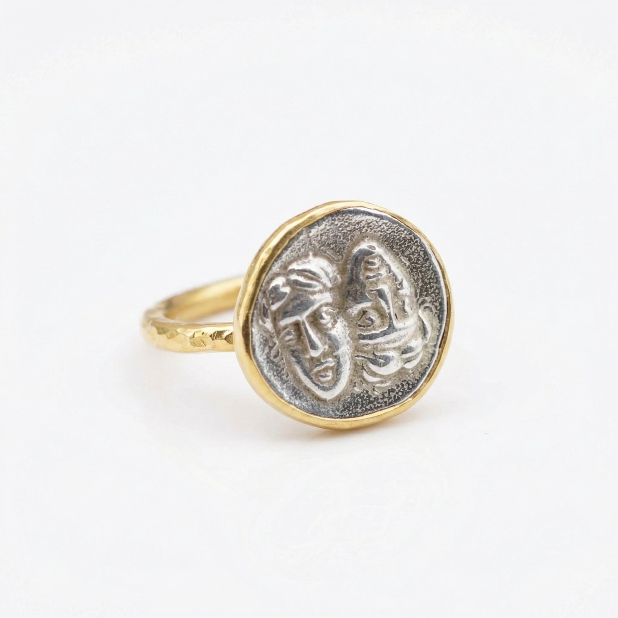 Handmade Greek coin ring by Sultan, 925 sterling silver, double face design