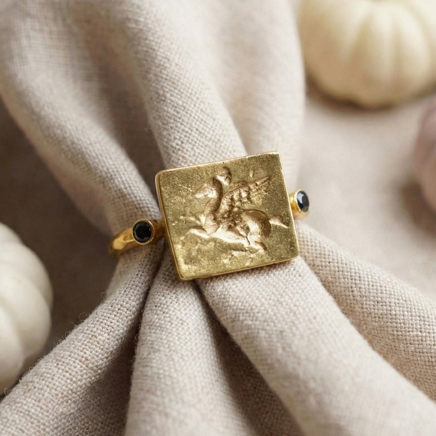 Turkish handmade Pegasus ring with oxidized silver finish, Aegean art-inspired jewelry gift