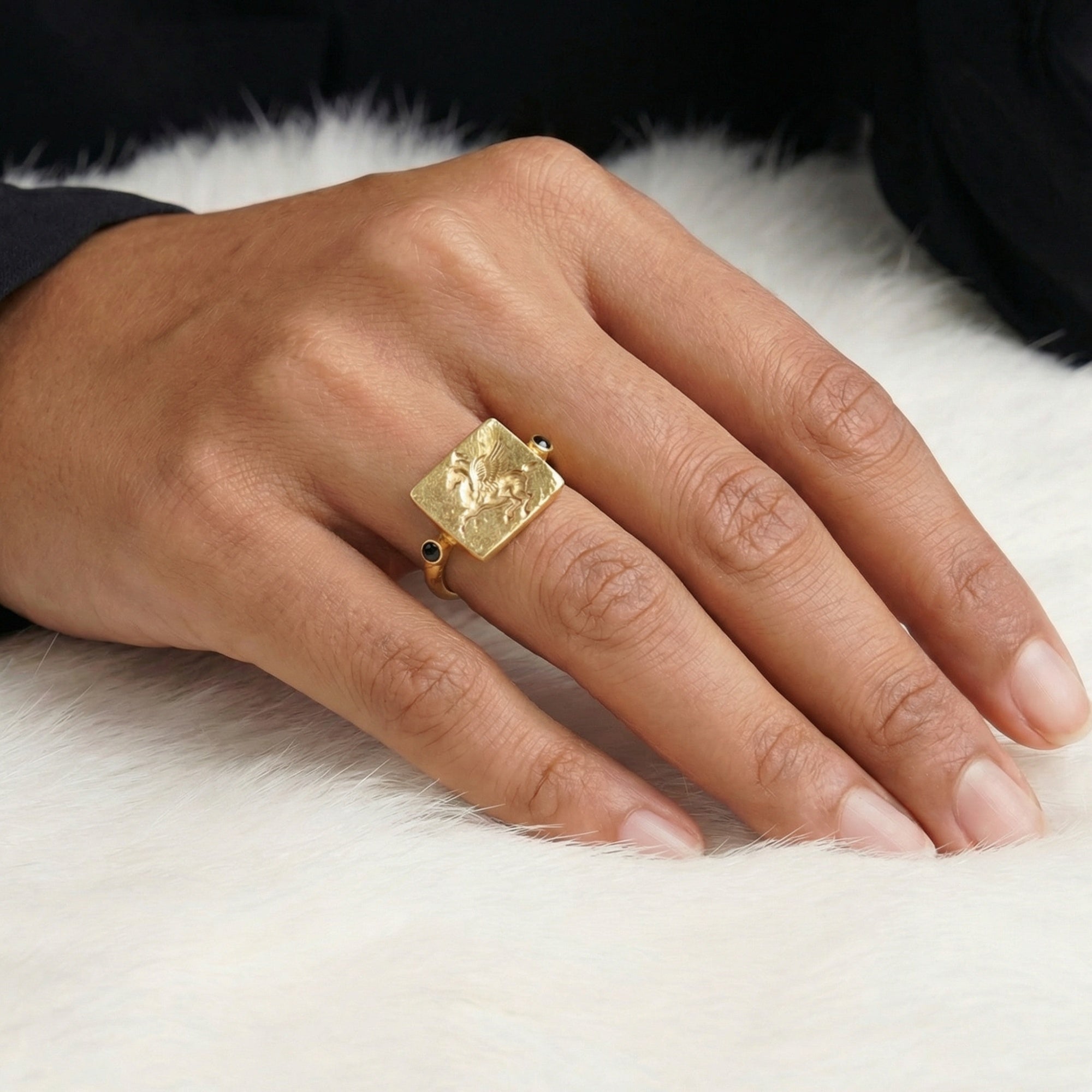 Ancient Greek-inspired Pegasus ring with black onyx, symbol of freedom and divine inspiration, handmade in Bodrum