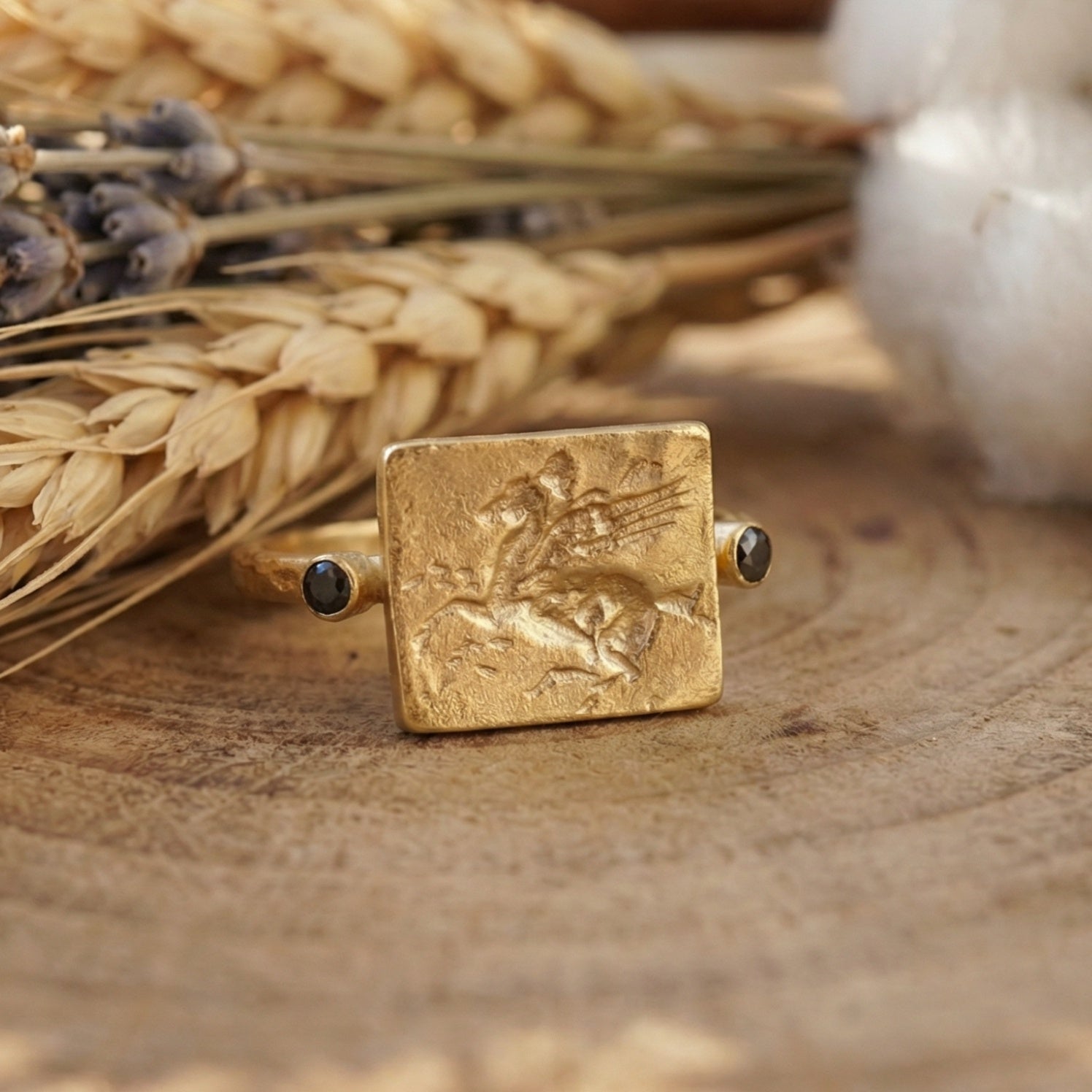 Silver Pegasus coin ring on hand with black onyx stone, timeless Turkish jewelry by designer Sultan