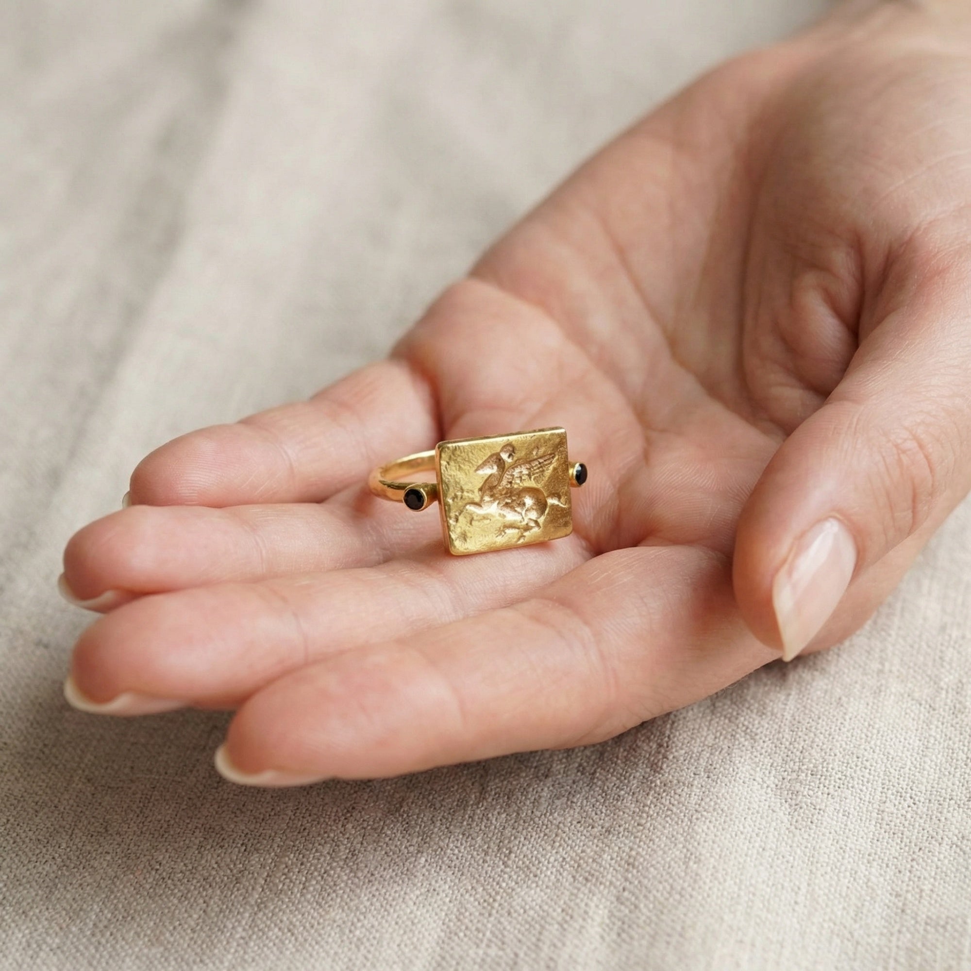 Designer Pegasus coin ring detail showing 925 silver craftsmanship and natural black onyx setting