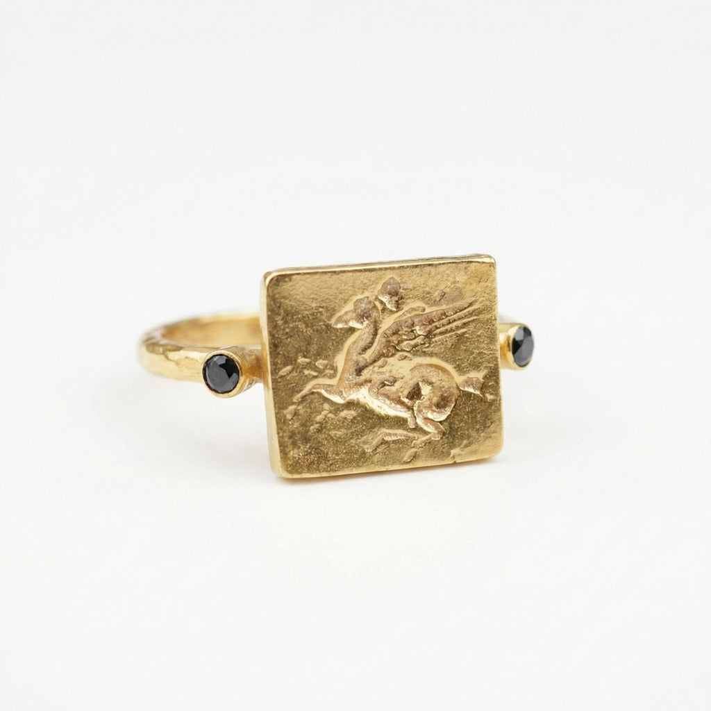  Handcrafted silver Pegasus coin ring with black onyx stone, 925 sterling silver, Turkish artisan jewelry by Sultan