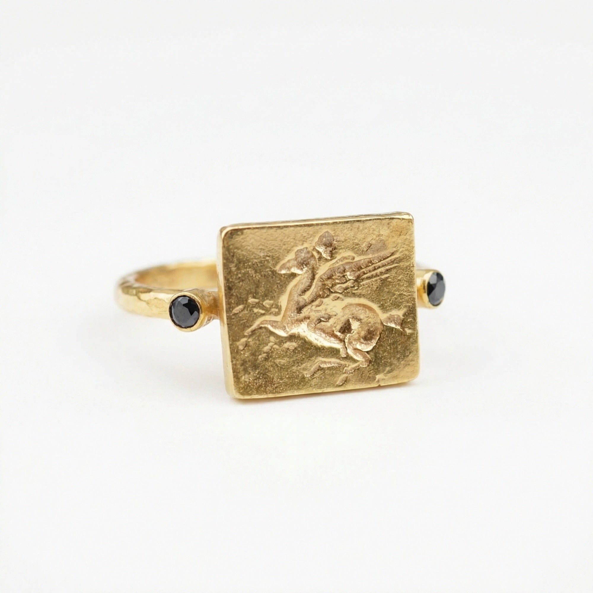  Handcrafted silver Pegasus coin ring with black onyx stone, 925 sterling silver, Turkish artisan jewelry by Sultan