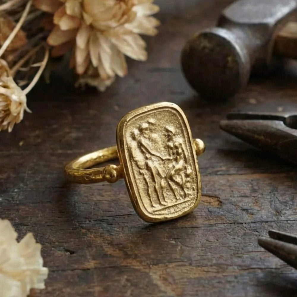 Designer hammered coin ring detail, ancient artistry, 925 silver