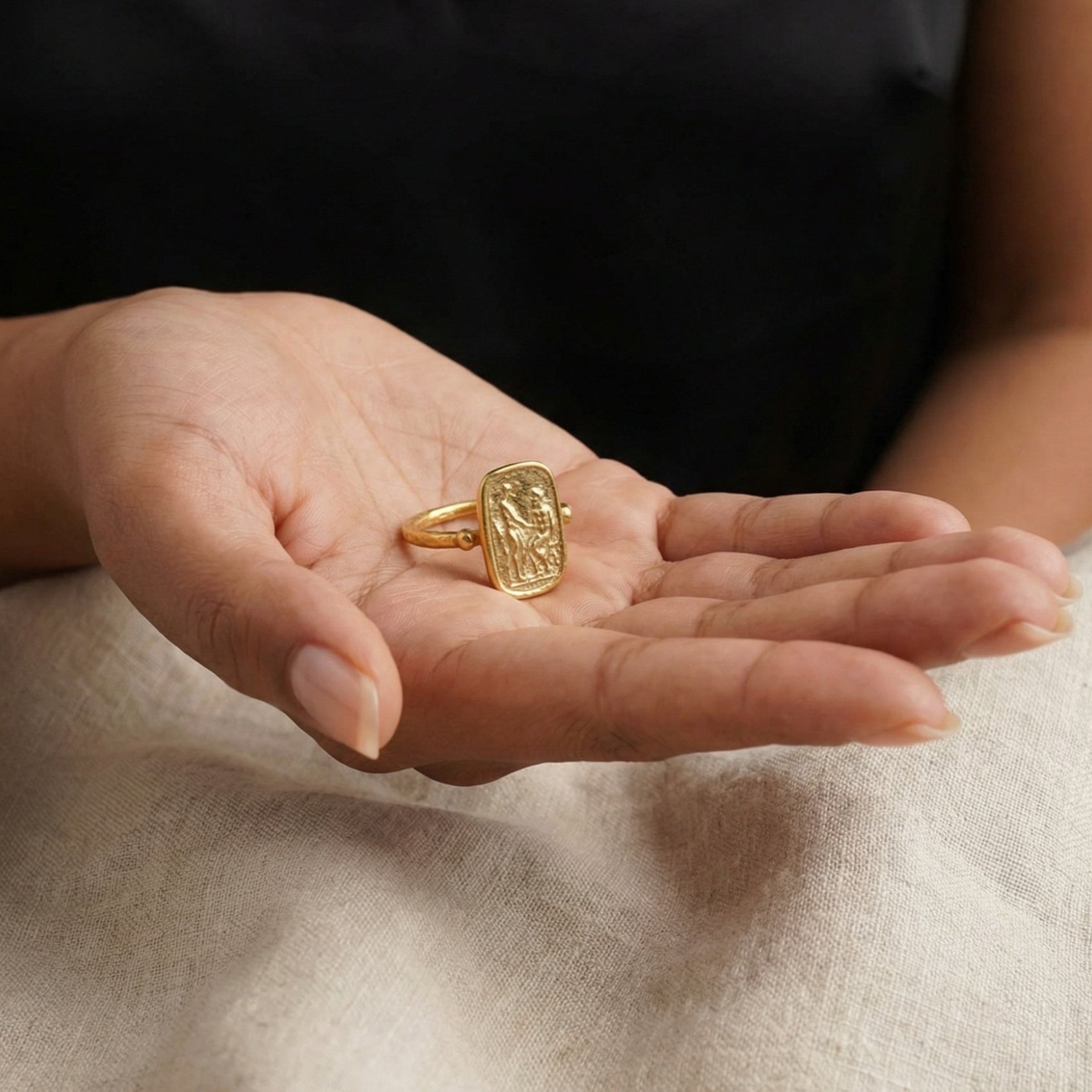 Sterling silver hammered coin ring, dainty signet style, history symbol