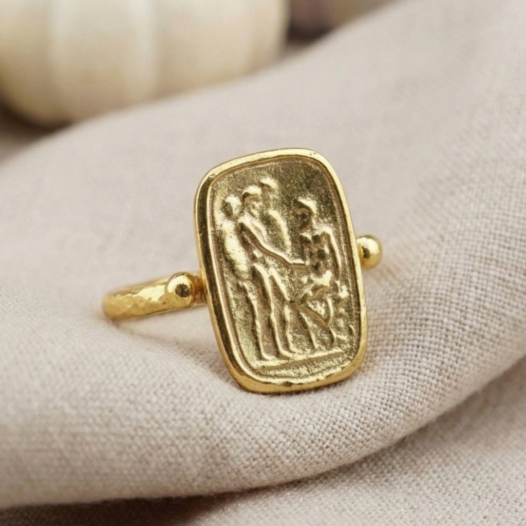 Hammered coin ring on hand, handcrafted by Sultan Yılmaz, Turkish jewelry