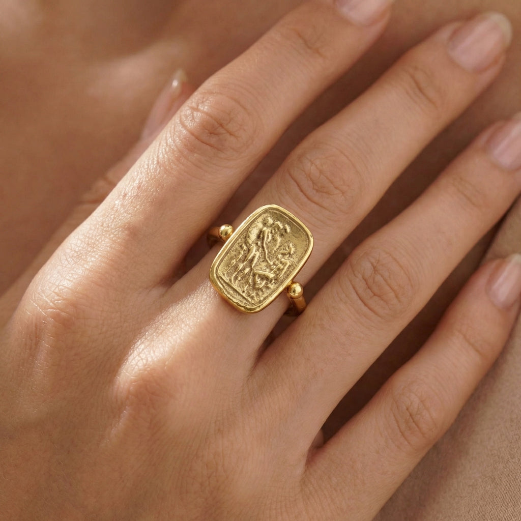 Turkish hammered coin signet ring, artisan jewelry from Bodrum atelier