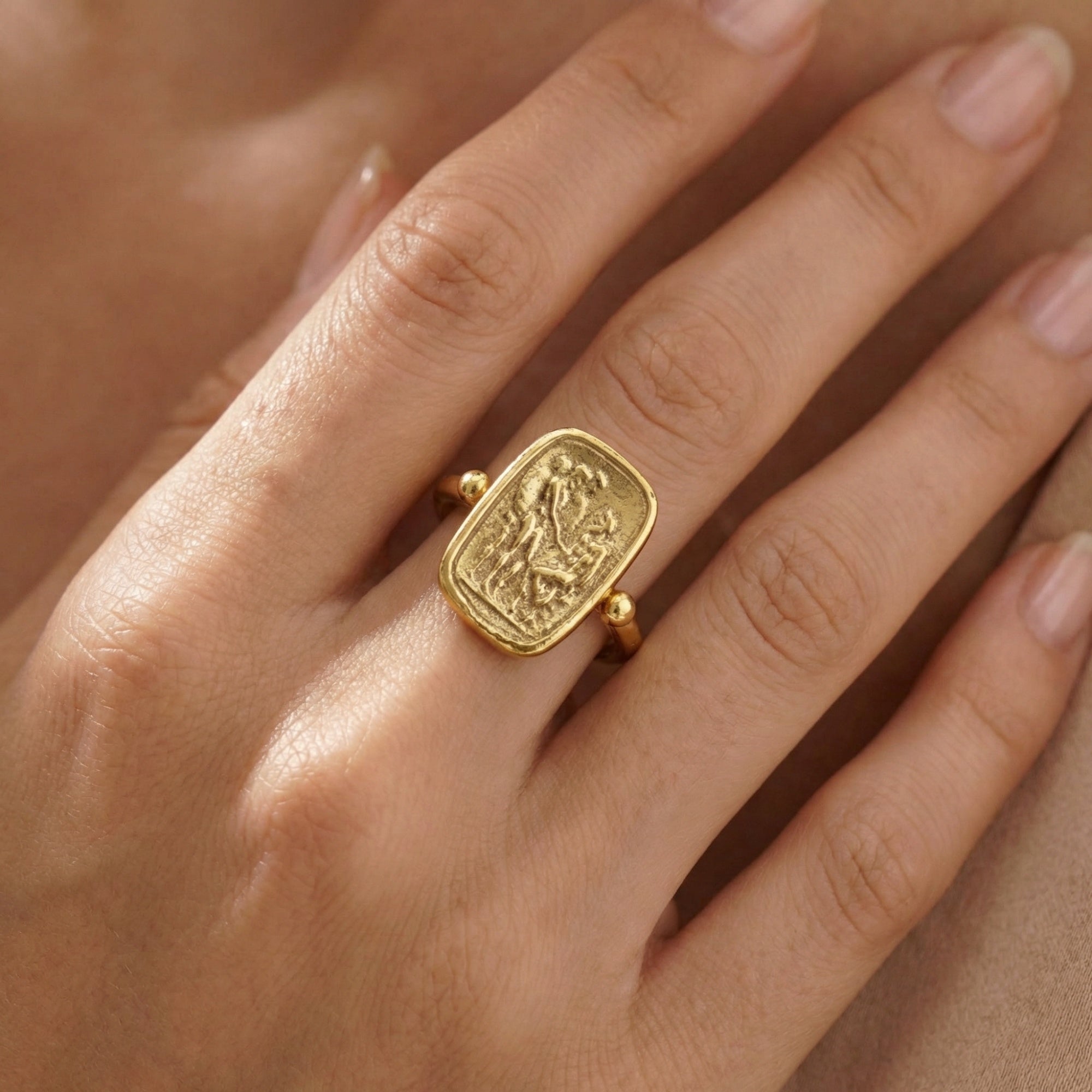 Turkish hammered coin signet ring, artisan jewelry from Bodrum atelier