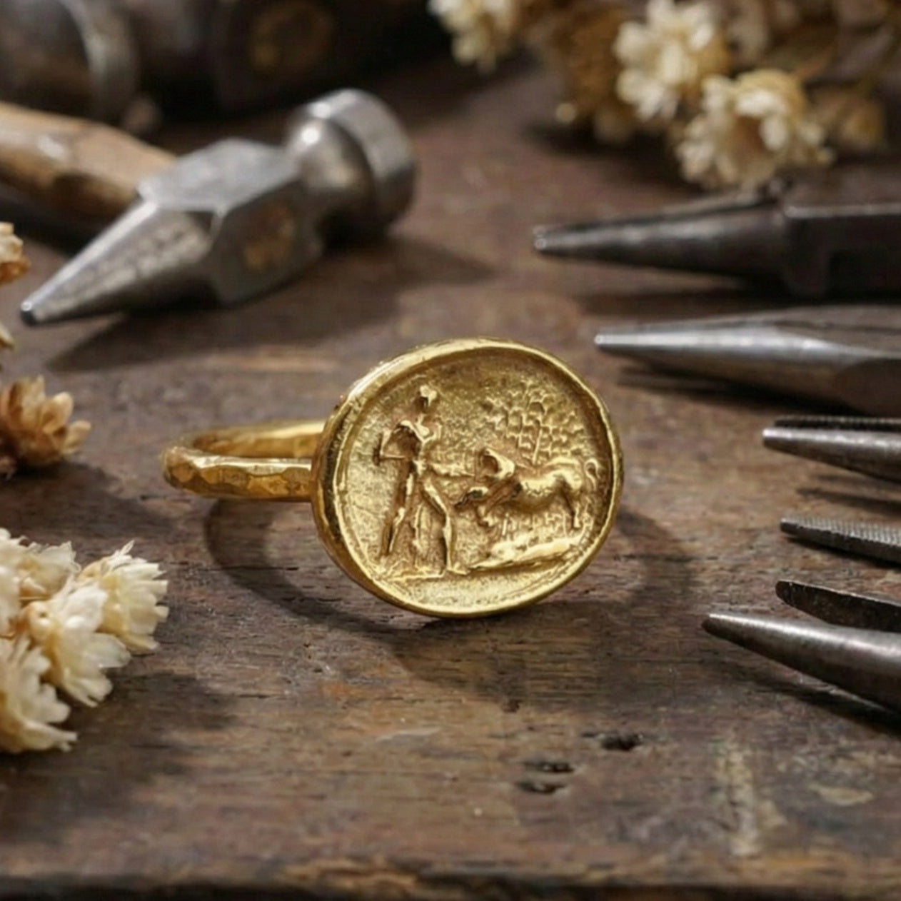 Designer lion hunter coin ring, gold plated 925 silver, handcrafted statement jewelry by Turkish artisan
