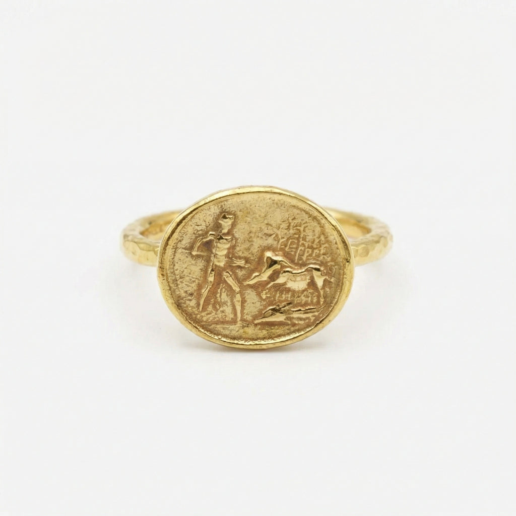 Handmade gold lion hunter coin ring by Sultan, 925 sterling silver with ancient design, Bodrum artisan jewelry
