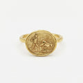 Handmade gold lion hunter coin ring by Sultan, 925 sterling silver with ancient design, Bodrum artisan jewelry
