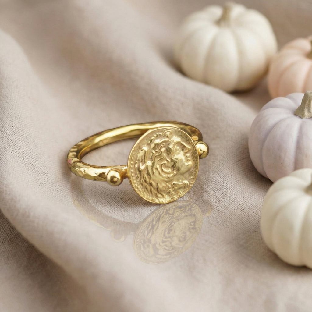 Designer Alexander coin ring detail, 925 silver, handcrafted statement jewelry by Turkish artisan
