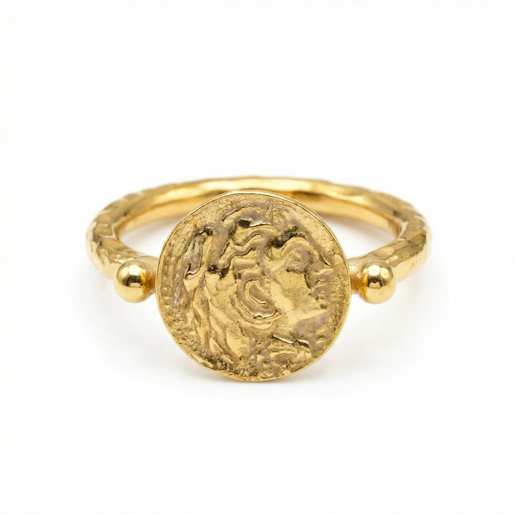 Handmade Alexander coin ring by Sultan, 925 sterling silver with ancient Roman design, Bodrum artisan jewelry
