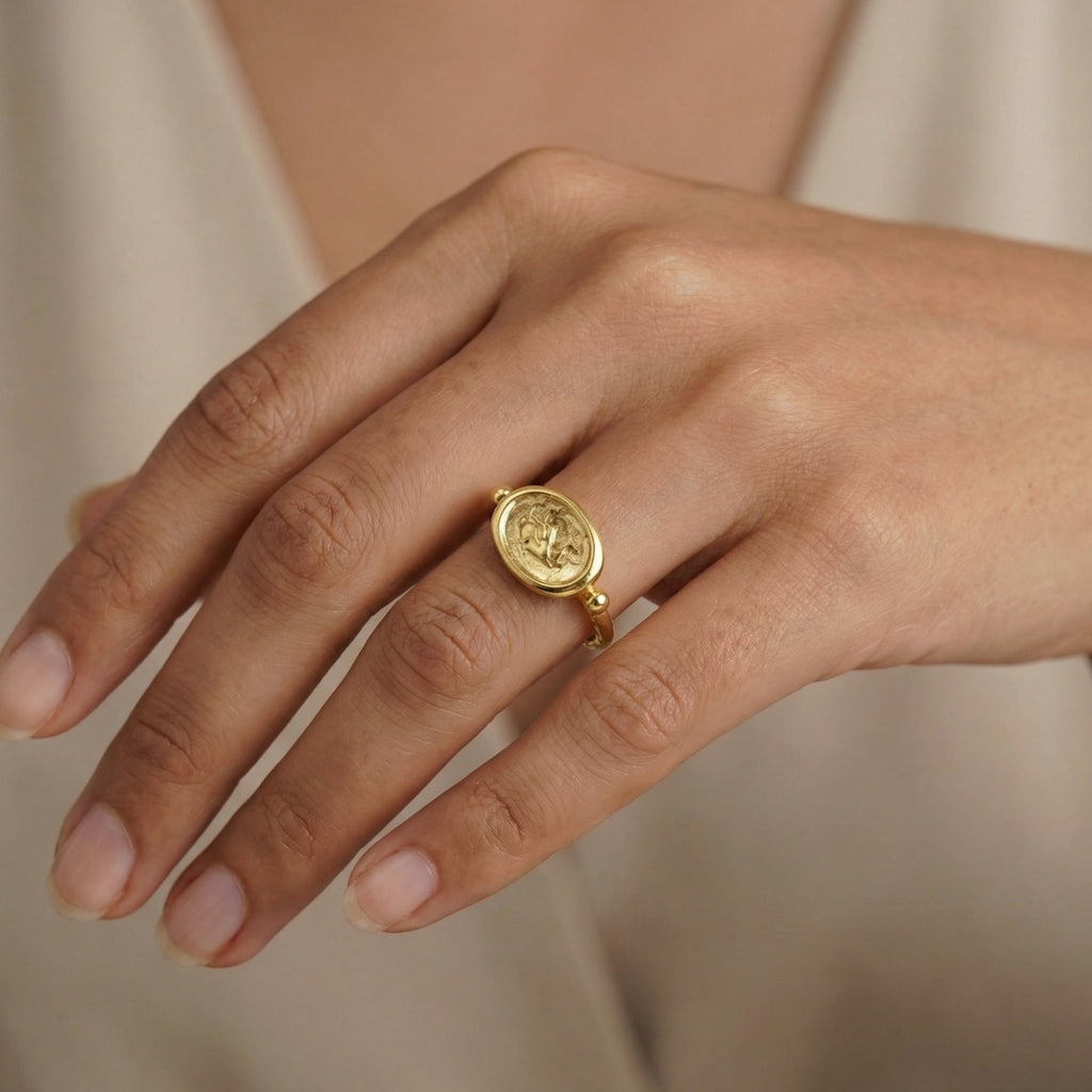 Ancient Roman-inspired warrior ring with coin detail, symbol of courage and resilience, handmade in Bodrum