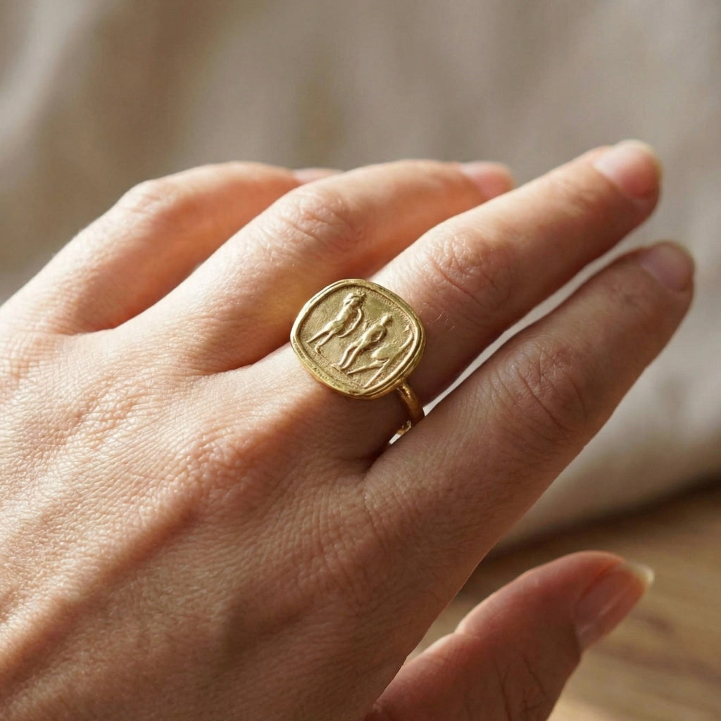 Ancient Roman coin ring detail, 925 silver, handcrafted by designer Sultan in Bodrum atelier

