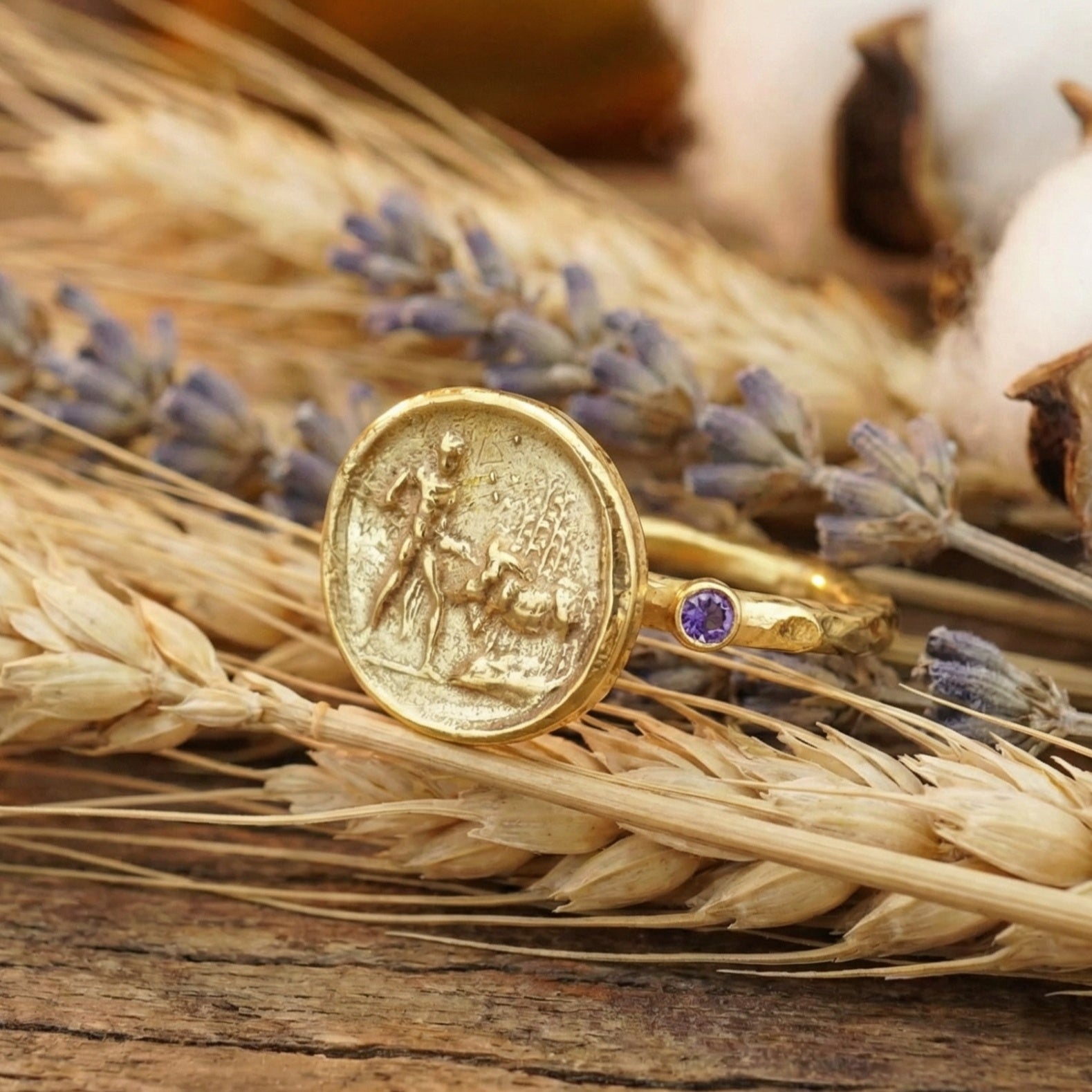 Designer lion hunter coin ring detail showing 925 silver craftsmanship and natural amethyst setting