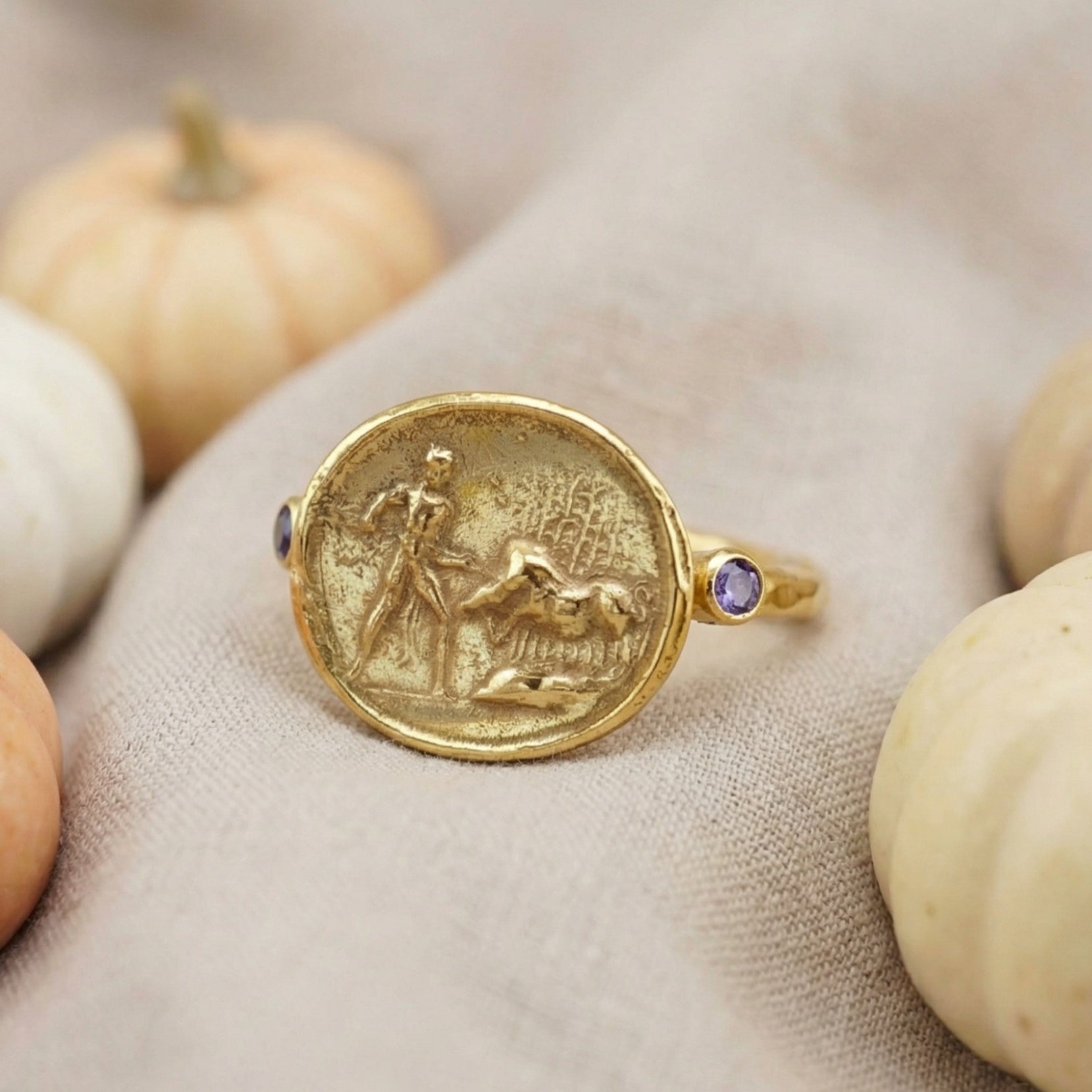 Turkish handmade lion hunter ring with amethyst gemstone, ancient civilization-inspired artisan jewelry gift