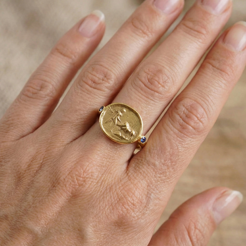 Ancient Roman-inspired lion hunter ring with purple amethyst, symbol of courage and peace, handmade in Bodrum