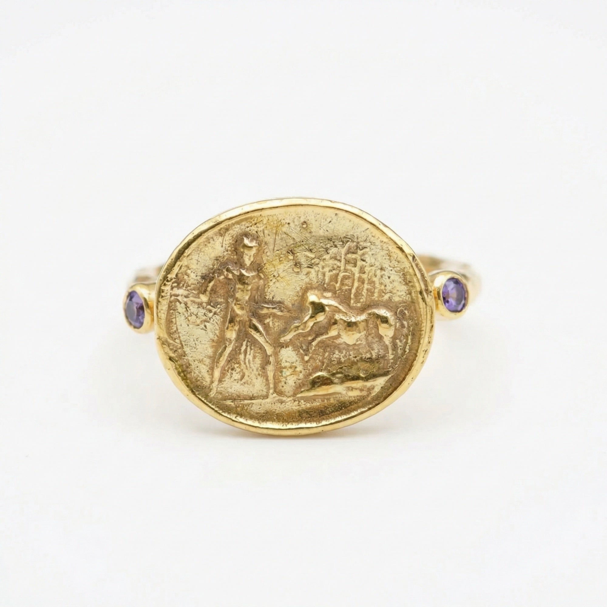  Handcrafted silver lion hunter coin ring with amethyst stone, 925 sterling silver, Turkish artisan jewelry by Sultan