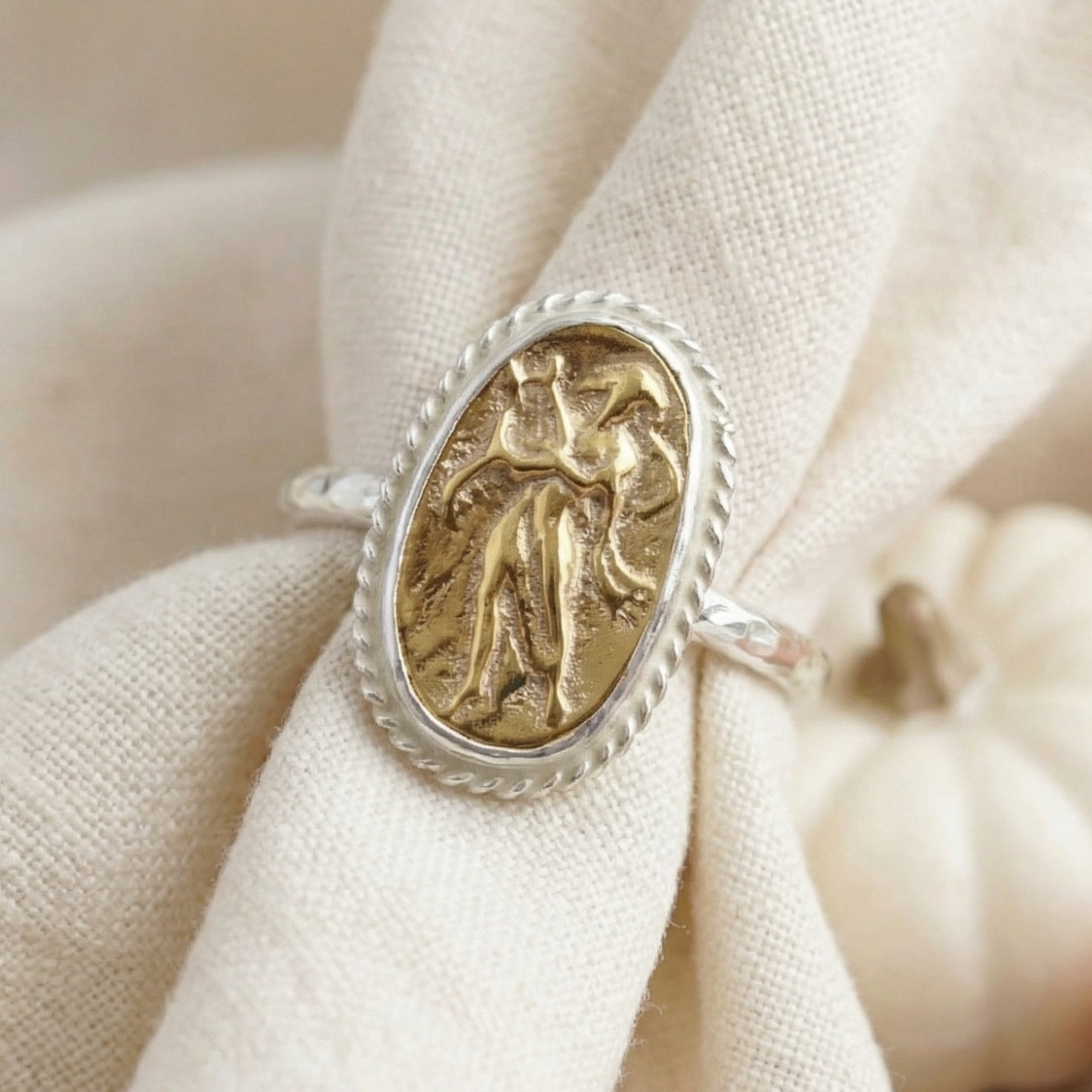 Designer lyre coin ring, gold plated 925 silver, handcrafted statement jewelry by Turkish artisan
