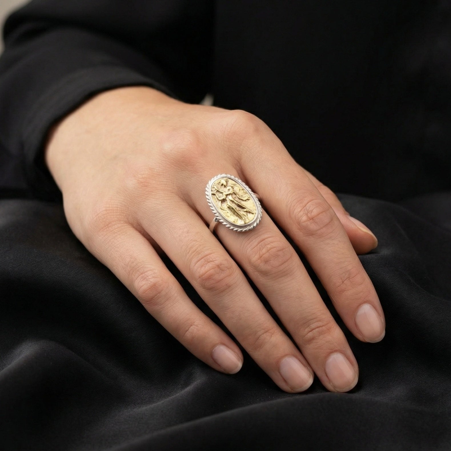 Limited edition lyre coin ring, ancient inspired design, handmade Turkish jewelry gift

