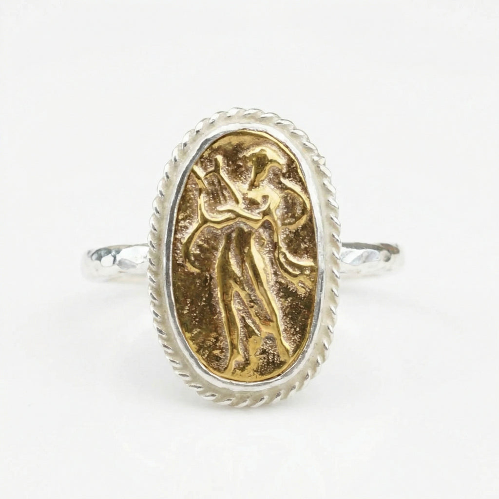 Handmade gold lyre coin ring by Sultan, 925 sterling silver with ancient Roman design, Bodrum artisan jewelry
