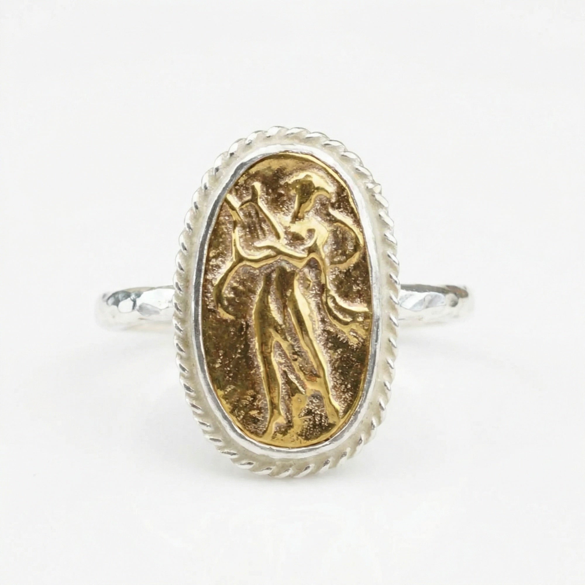 Handmade gold lyre coin ring by Sultan, 925 sterling silver with ancient Roman design, Bodrum artisan jewelry
