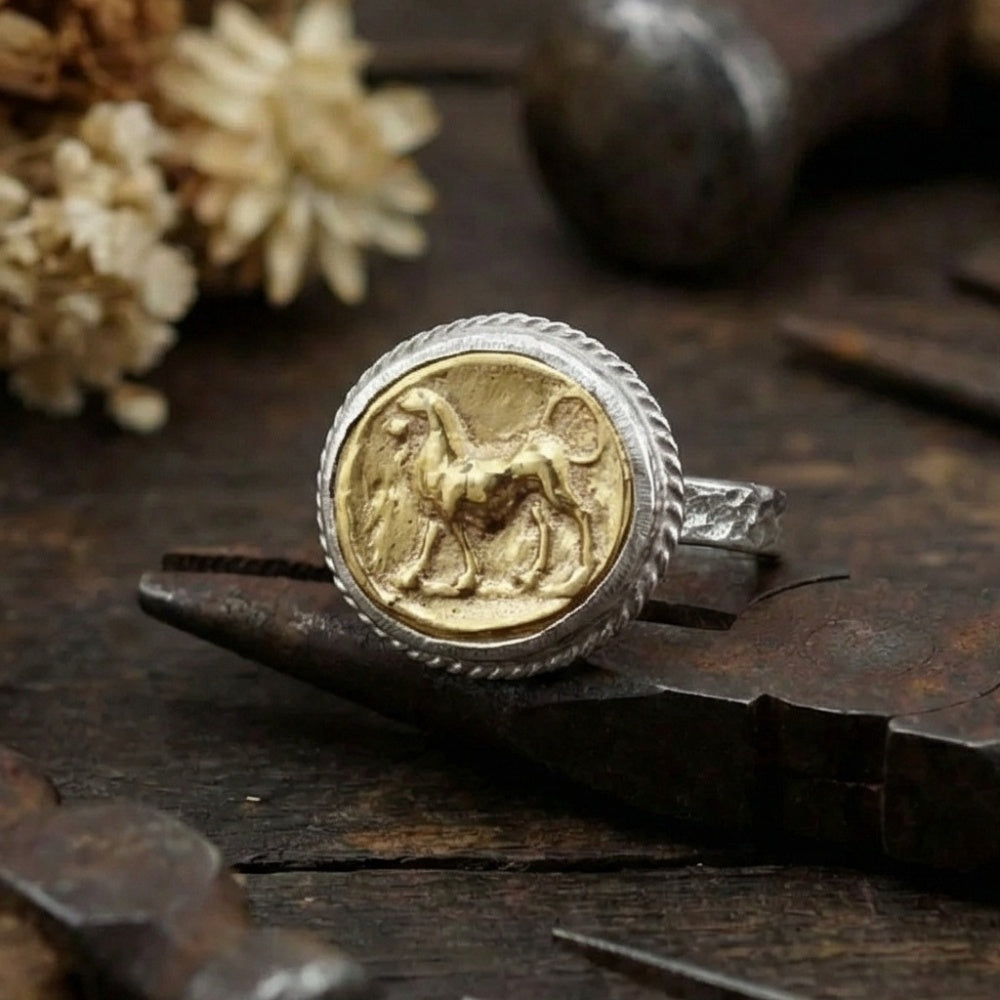 Designer lion coin ring detail showing 925 silver craftsmanship and gold plating, unique artisan design