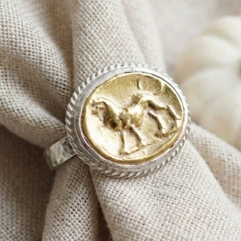 Gold-plated lion coin ring on hand, 925 sterling silver, timeless Turkish jewelry by designer Sultan