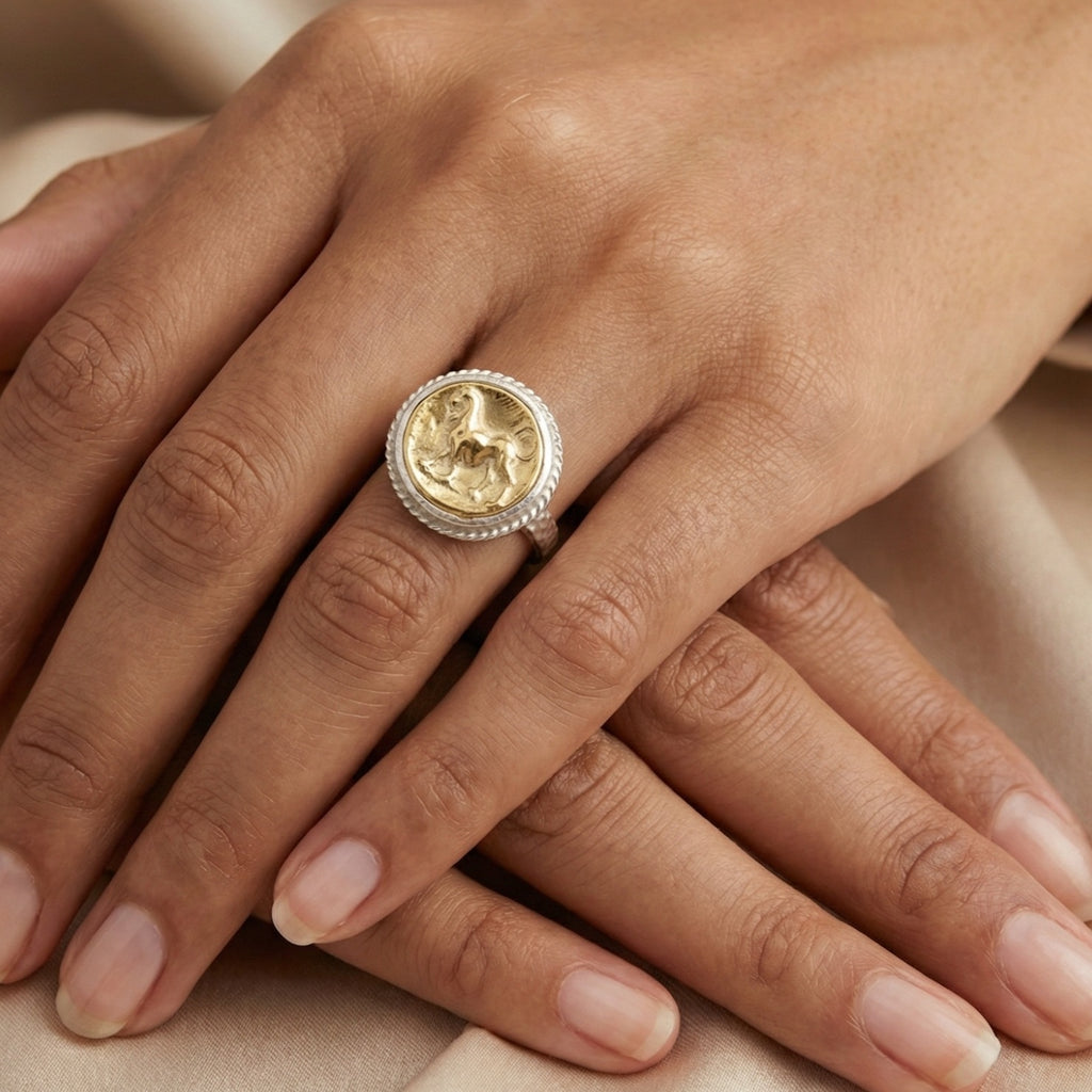  Ancient Roman-inspired lion ring with two-tone finish, symbol of courage and strength, handmade in Bodrum