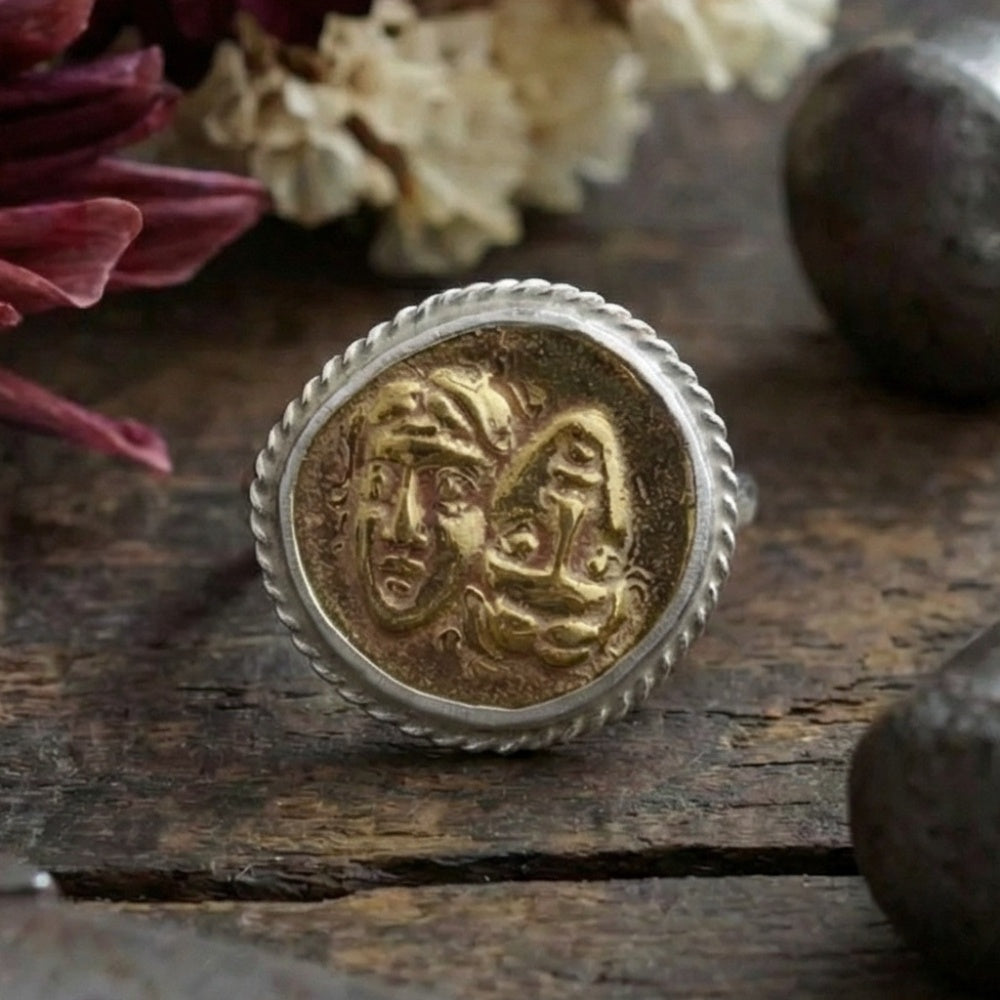 Designer double face Greek coin ring, 925 silver, handcrafted statement jewelry by Turkish artisan
