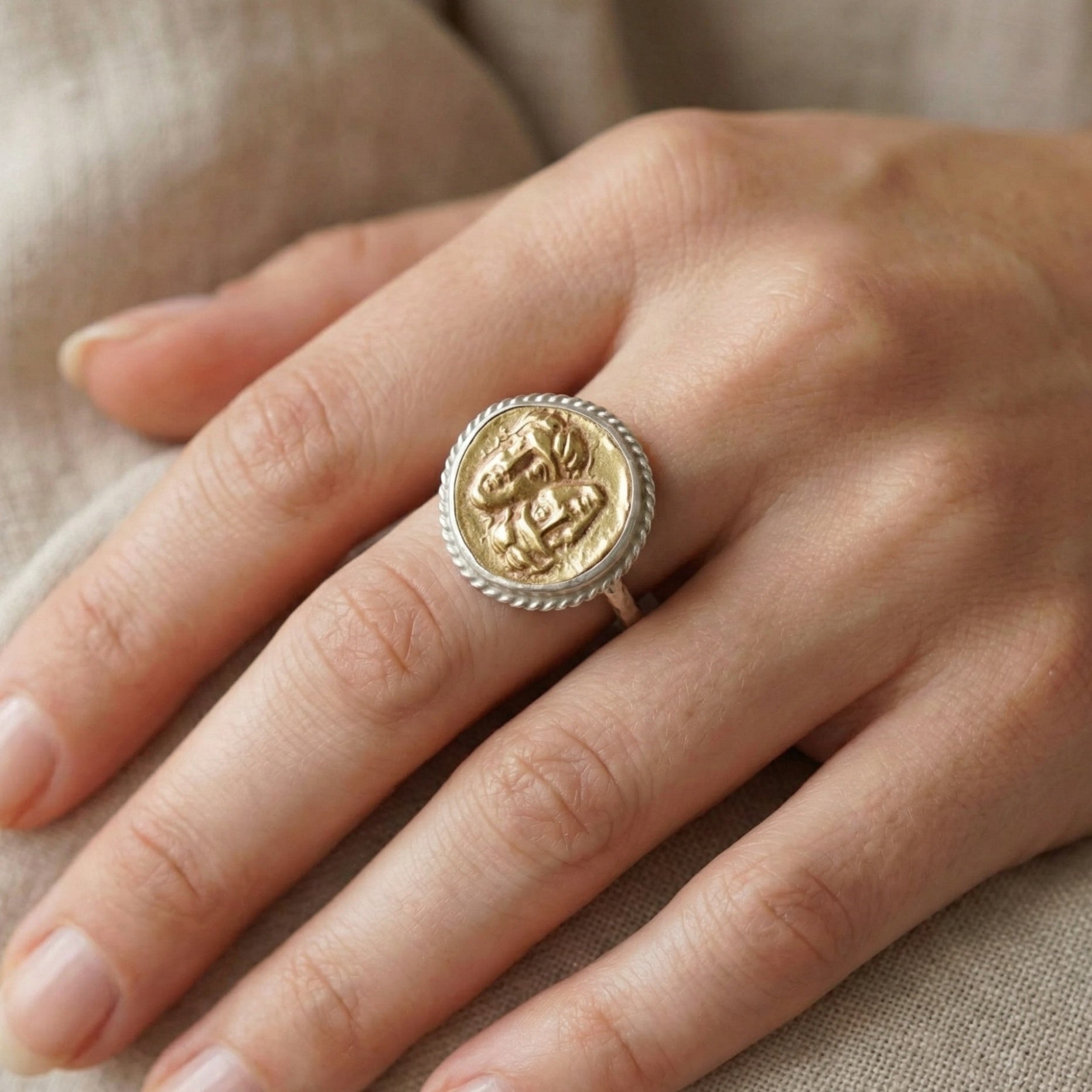 Limited edition double face coin ring, ancient inspired design, handmade Turkish jewelry gift
