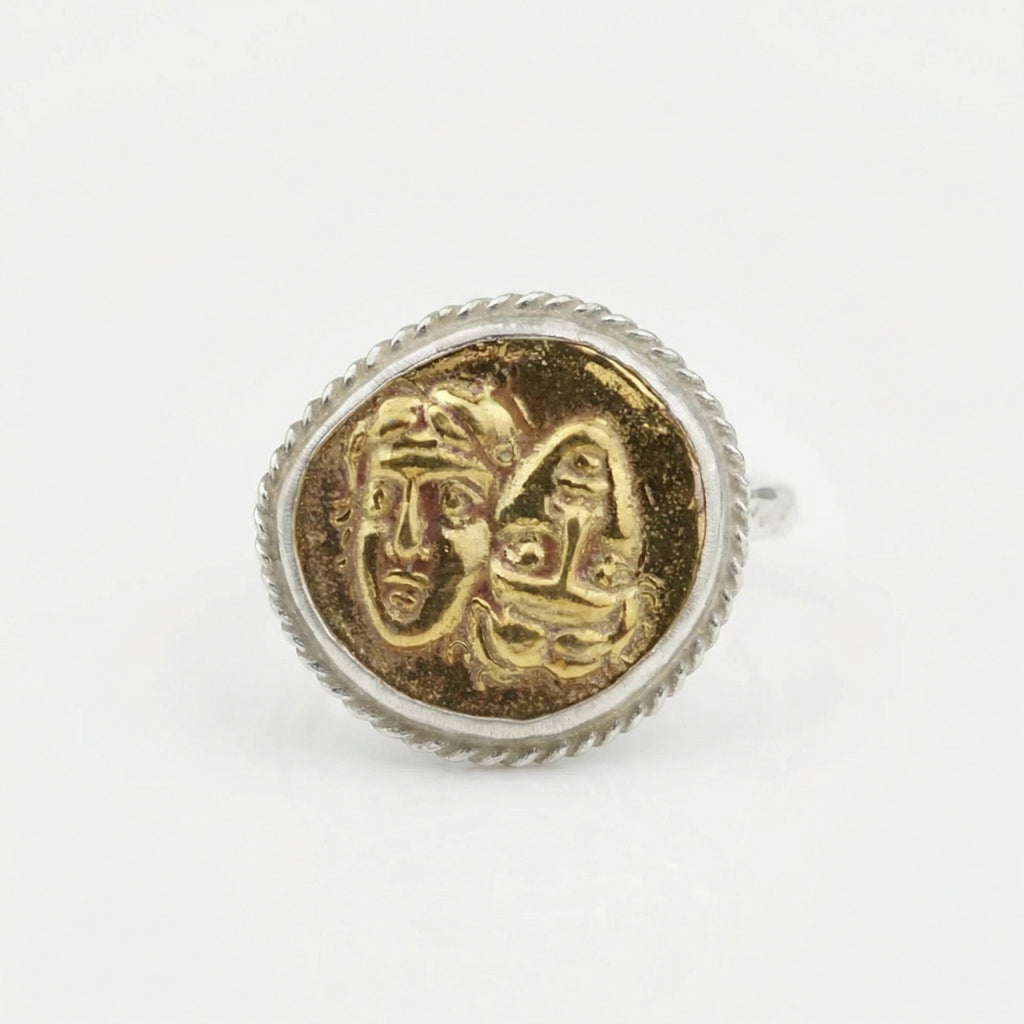 Handmade silver double face Greek coin ring by Sultan, 925 sterling silver with ancient design, Bodrum artisan jewelry

