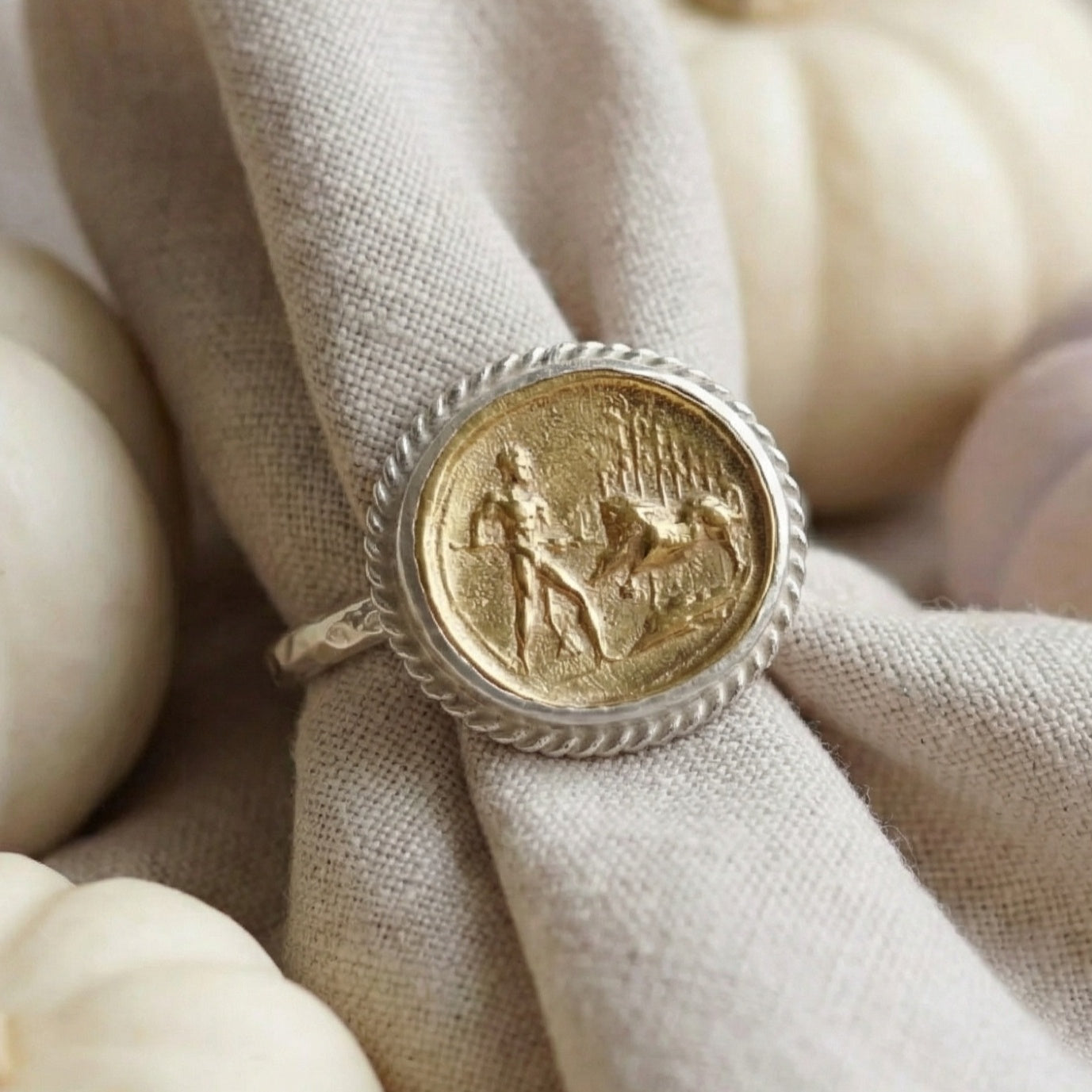 Gold-plated fighter coin ring on hand, 925 sterling silver, timeless Turkish jewelry by designer Sultan