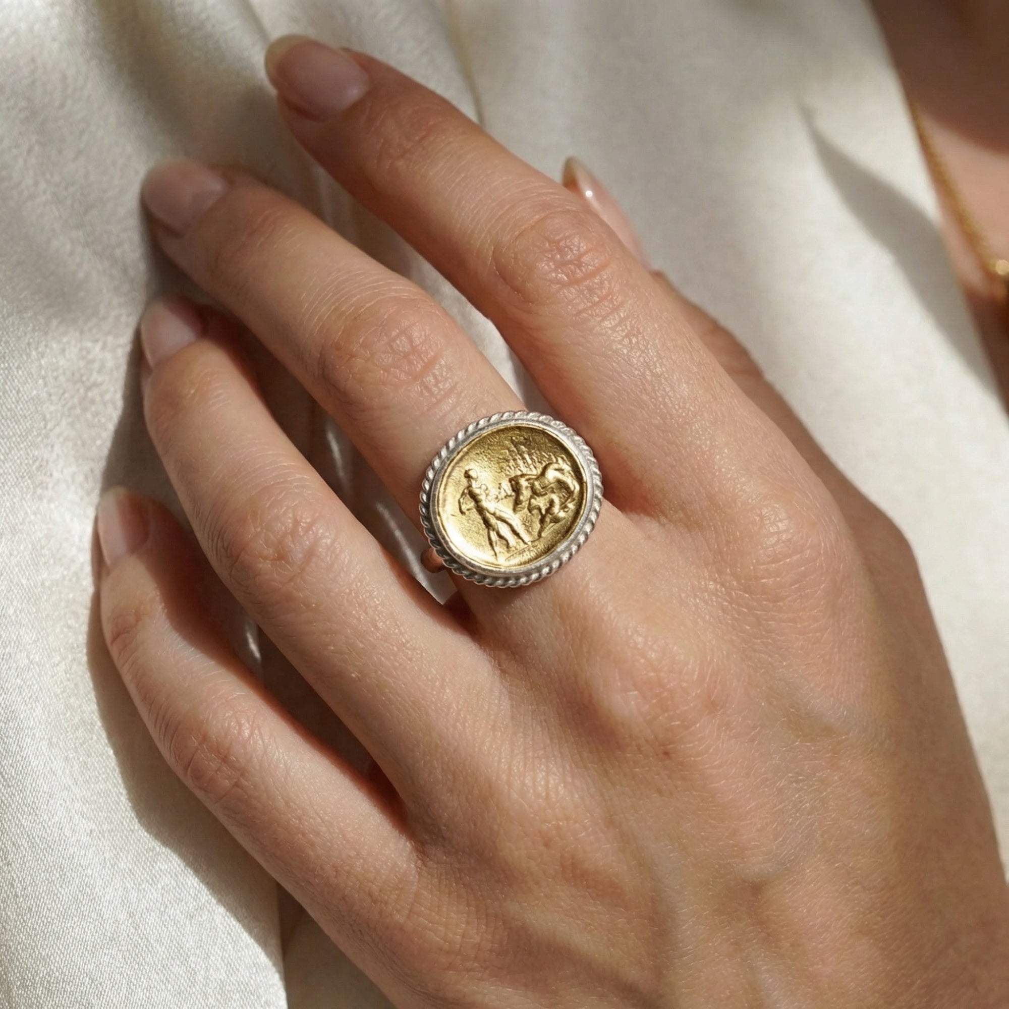  Ancient Roman-inspired fighter ring with coin detail, symbol of bravery and strength, handmade in Bodrum