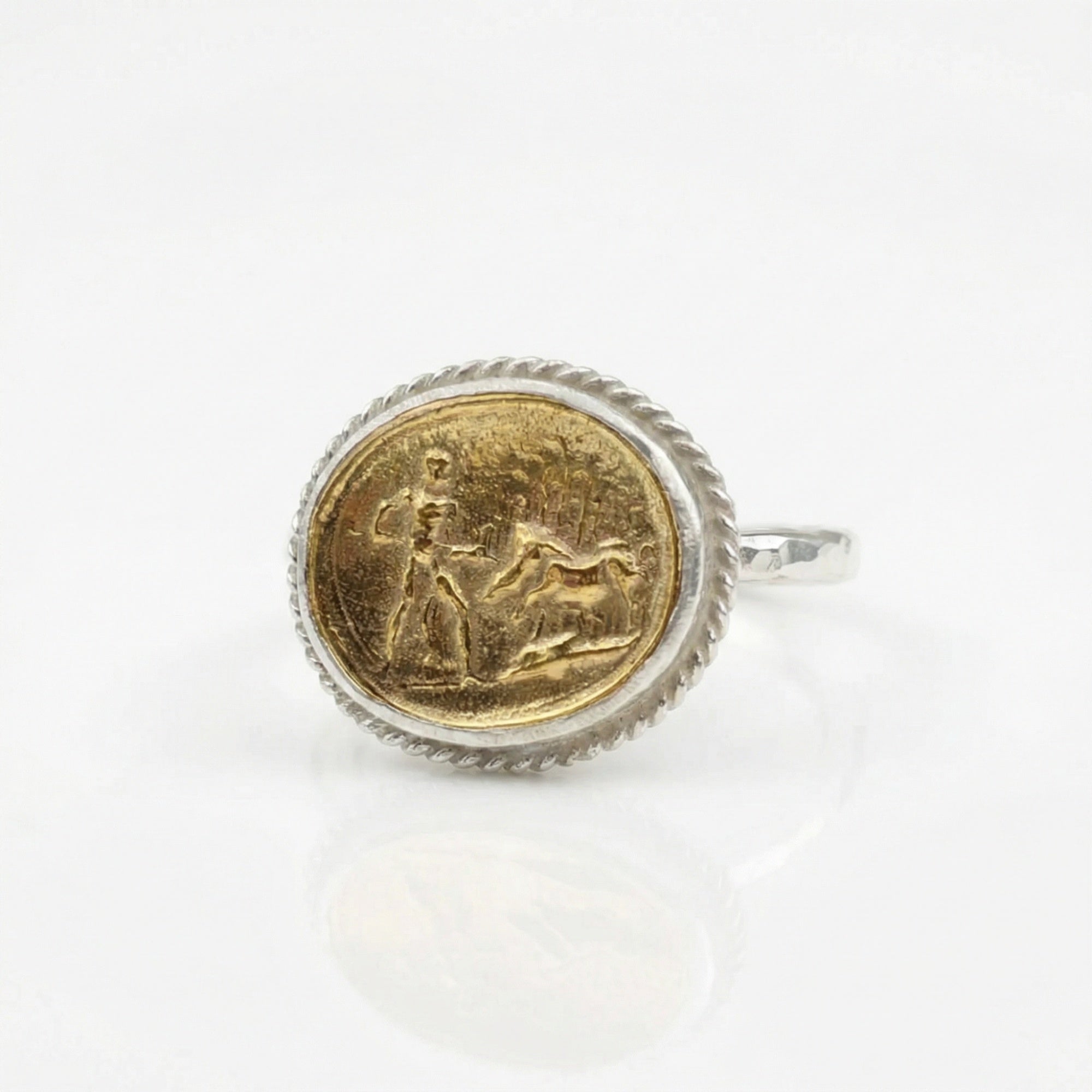 Handcrafted gold fighter coin ring with ancient Roman design, 925 sterling silver, Turkish artisan jewelry by Sultan