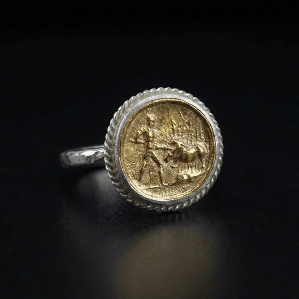  Fighter coin ring close-up showing ancient Roman reproduction, handcrafted 925 silver artisan jewelry