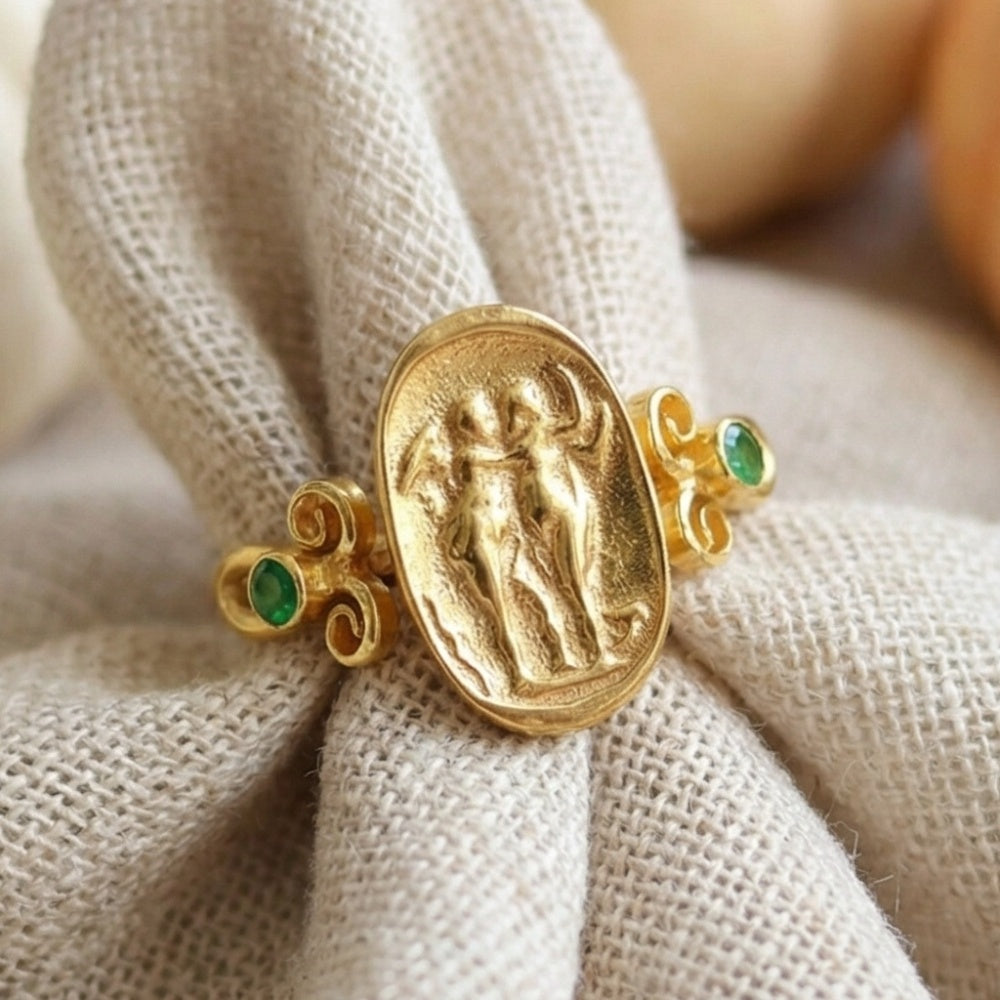 Ancient coin ring on hand, artisan jewelry by Sultan, Bodrum atelier