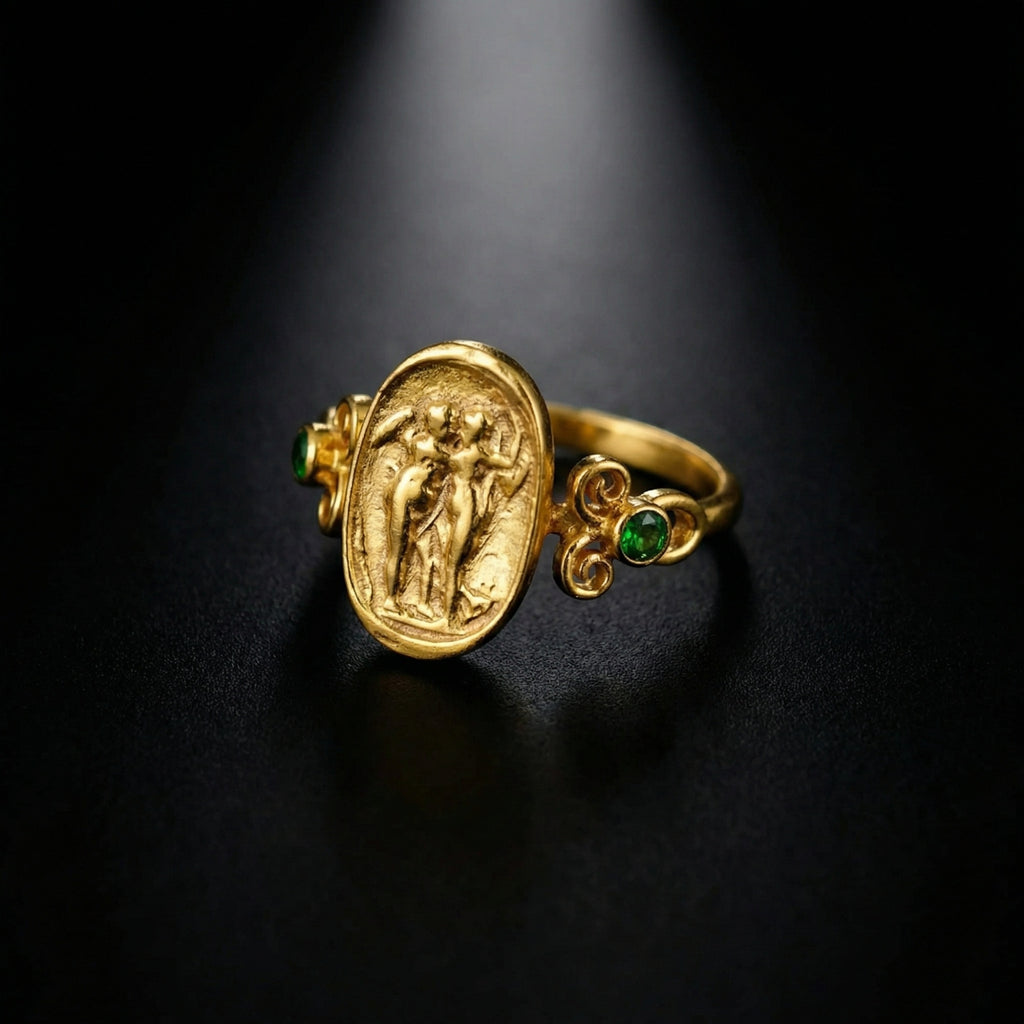 Gold plated ancient coin ring, unique heritage design, Turkish jewelry