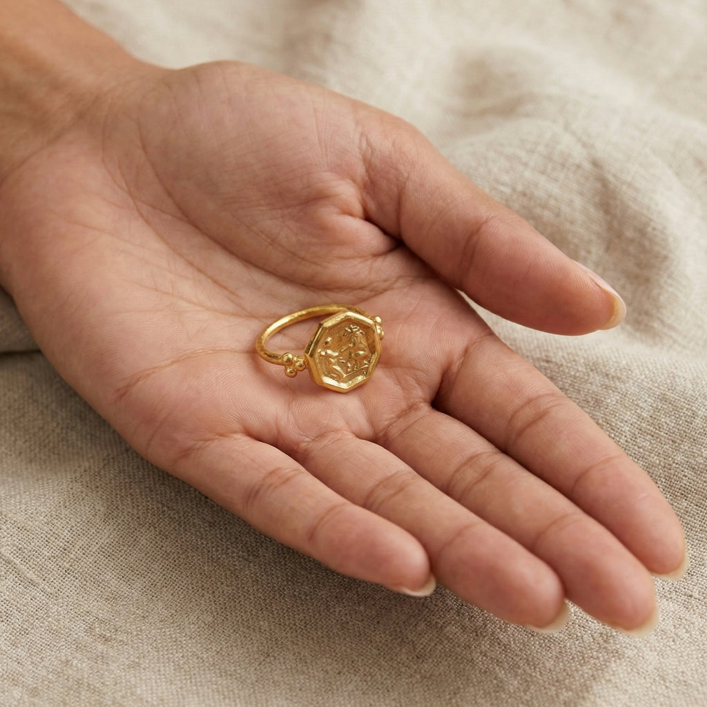 Designer Roman coin ring detail showing 925 silver craftsmanship and gold plating, unique artisan design