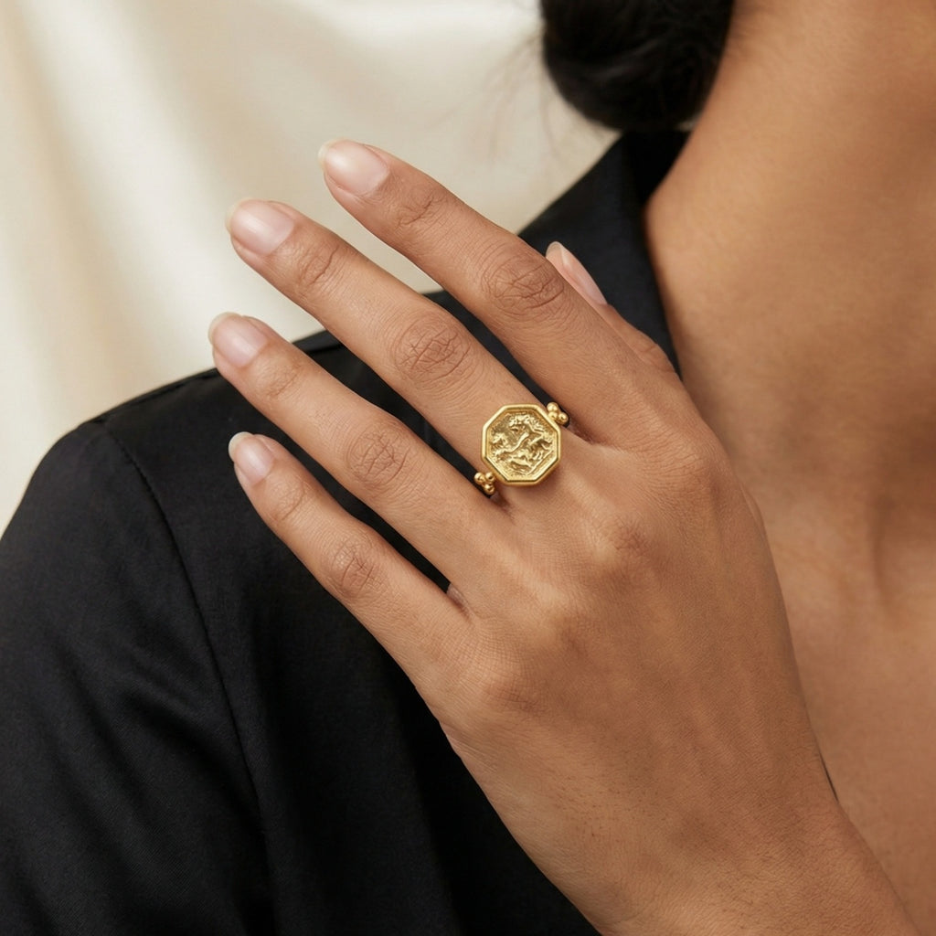 Ancient Roman-inspired coin ring with granulated bezel, symbol of legacy and strength, handmade in Bodrum