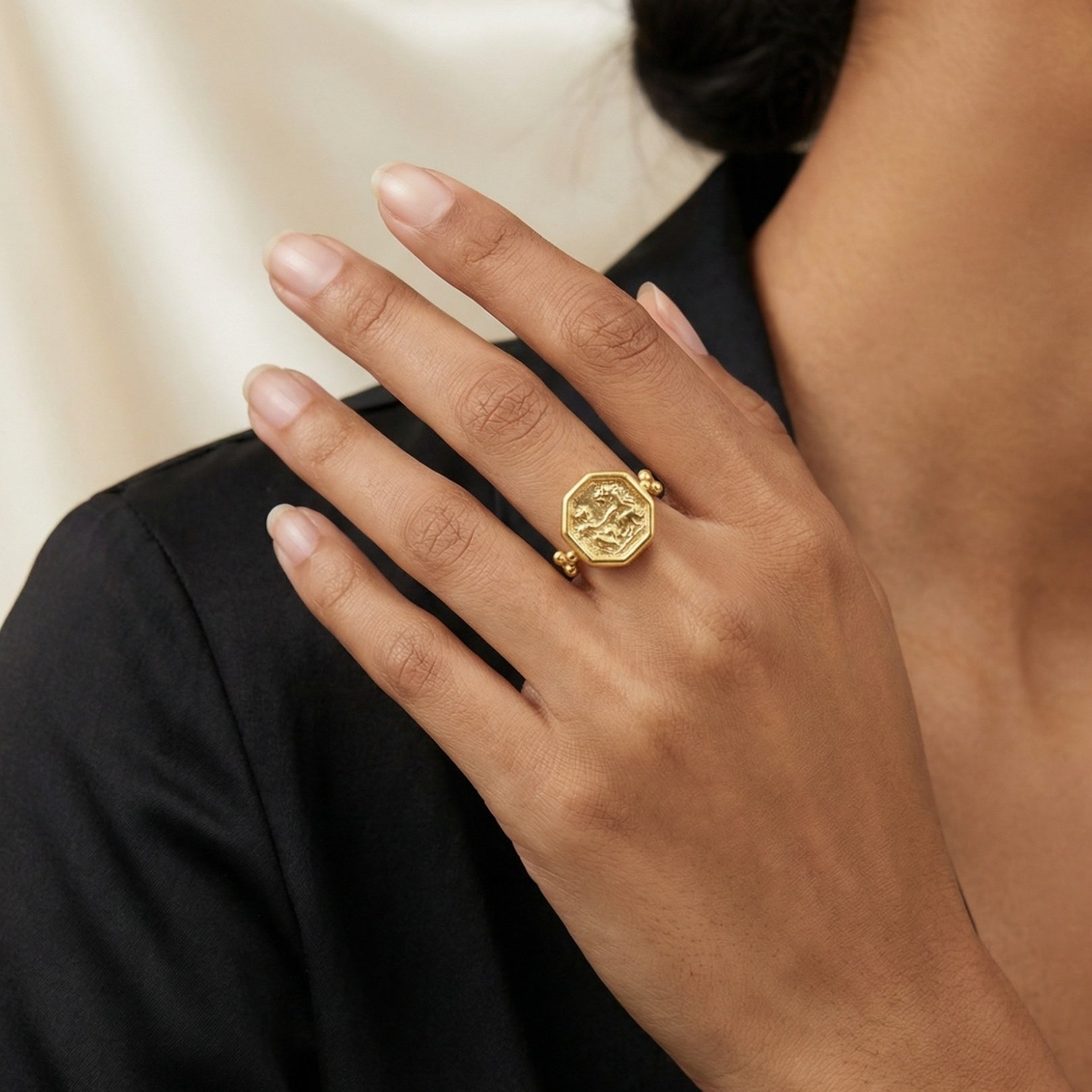 Ancient Roman-inspired coin ring with granulated bezel, symbol of legacy and strength, handmade in Bodrum