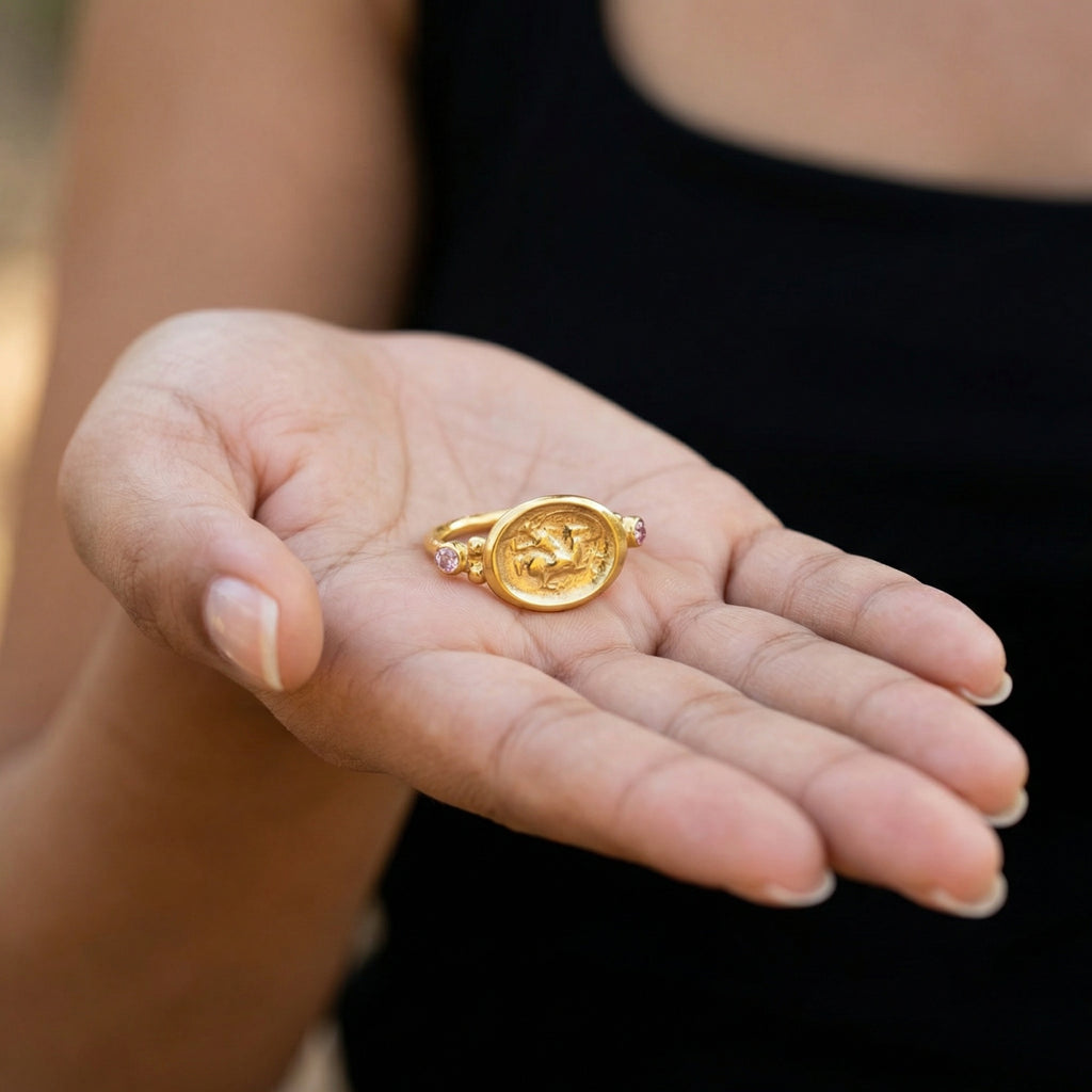 Ancient Roman-inspired coin ring with amethyst gemstone, handmade in Bodrum atelier by designer Sultan