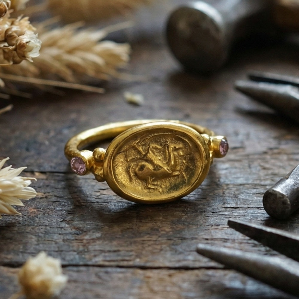 Ancient Roman-inspired coin ring with amethyst gemstone, handmade in Bodrum atelier by designer Sultan