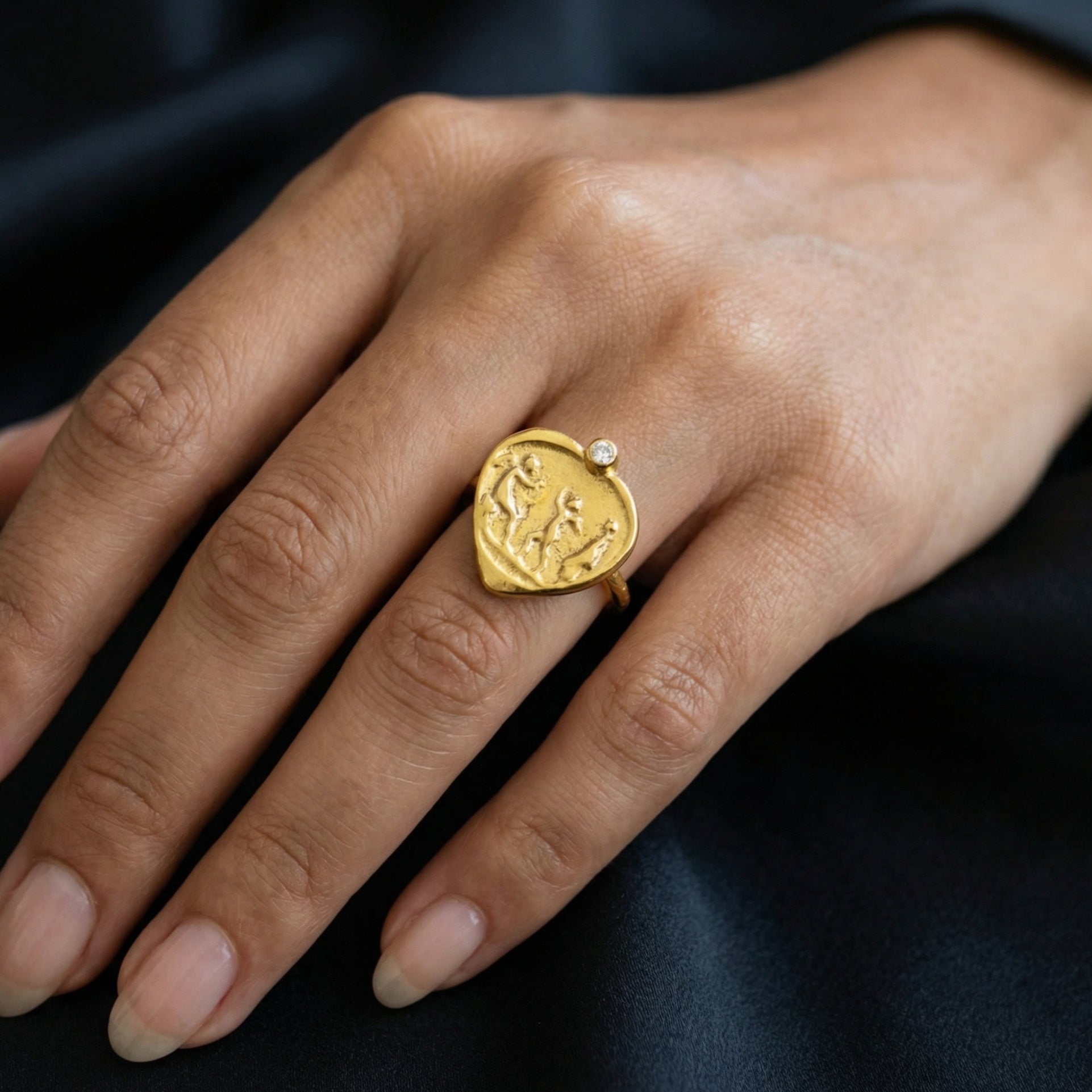 Designer white topaz heart coin ring detail, 925 silver, handcrafted statement jewelry by Turkish artisan
