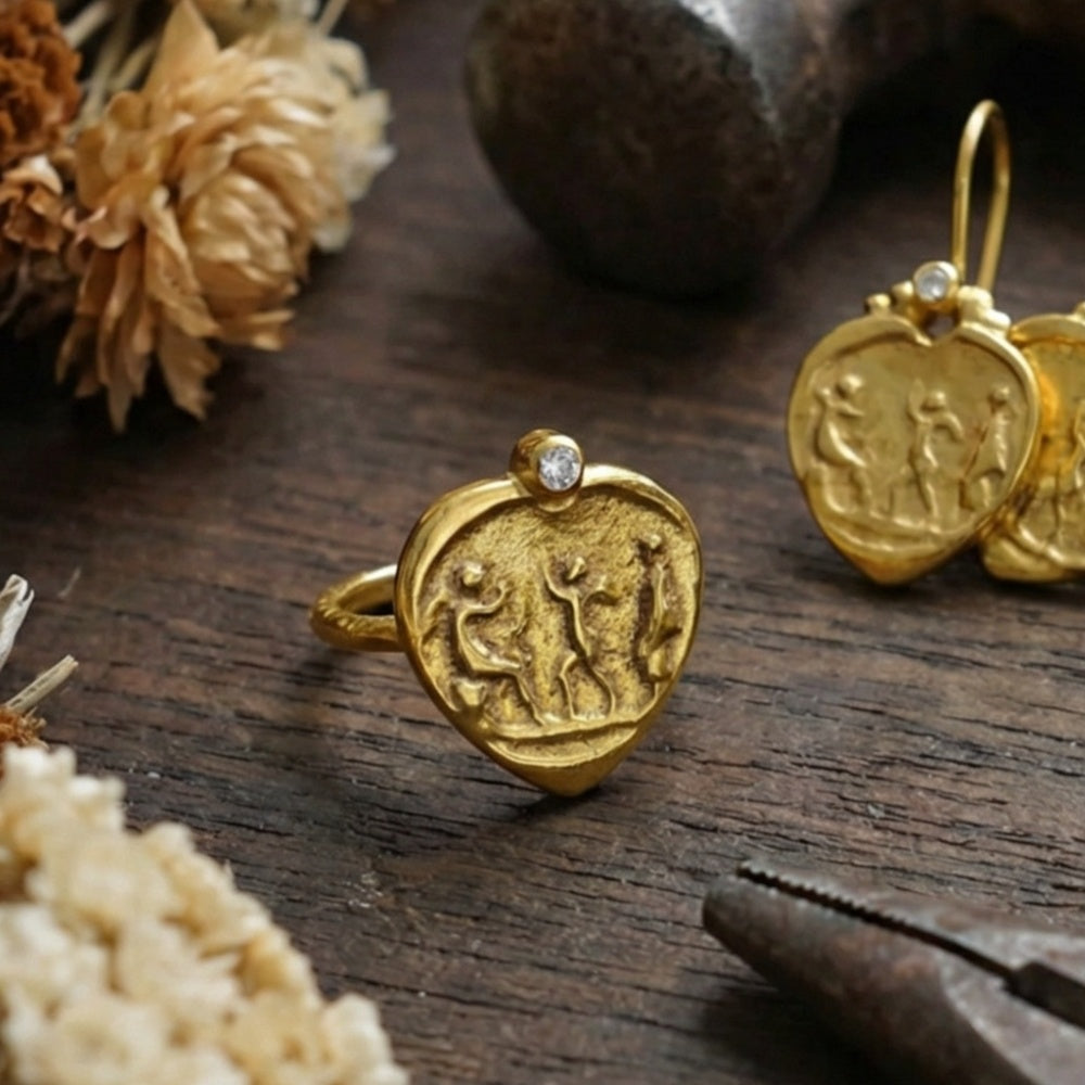 Limited edition white topaz heart coin ring, ancient inspired design, handmade Turkish jewelry gift
